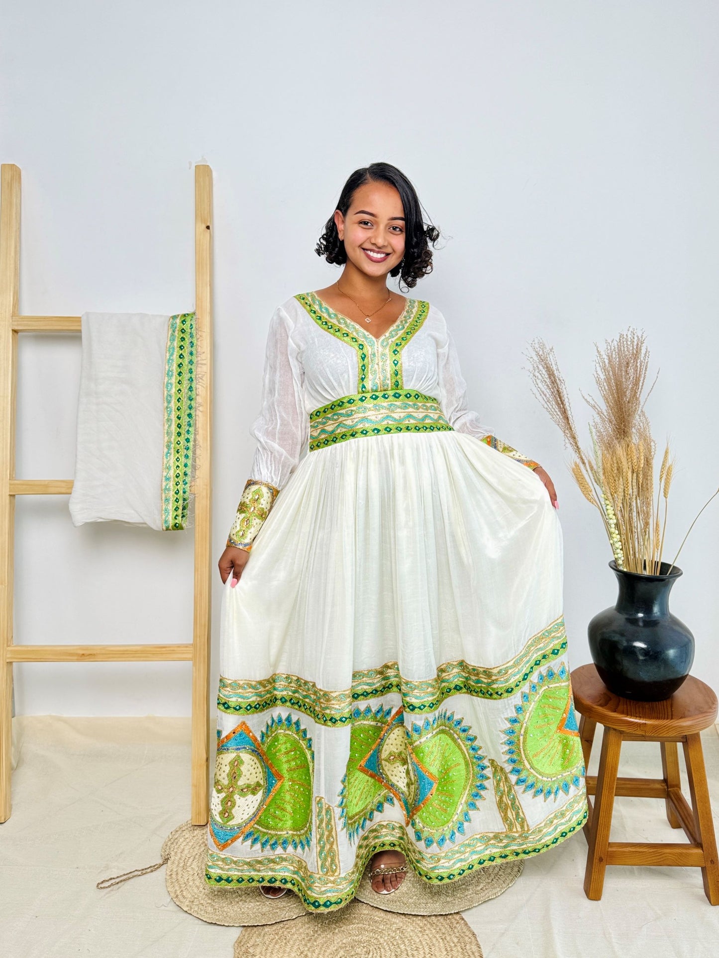 Ethiopian Handwoven Habesha Kemis | Fresh Green & Gold Tibeb | Effortlessly Elegant Hab147