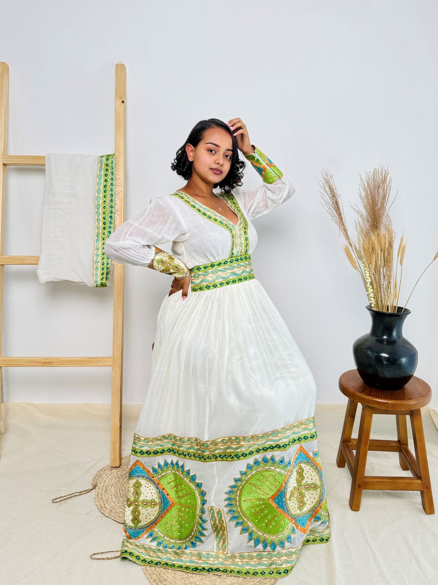 Ethiopian Handwoven Habesha Kemis | Fresh Green & Gold Tibeb | Effortlessly Elegant Hab147