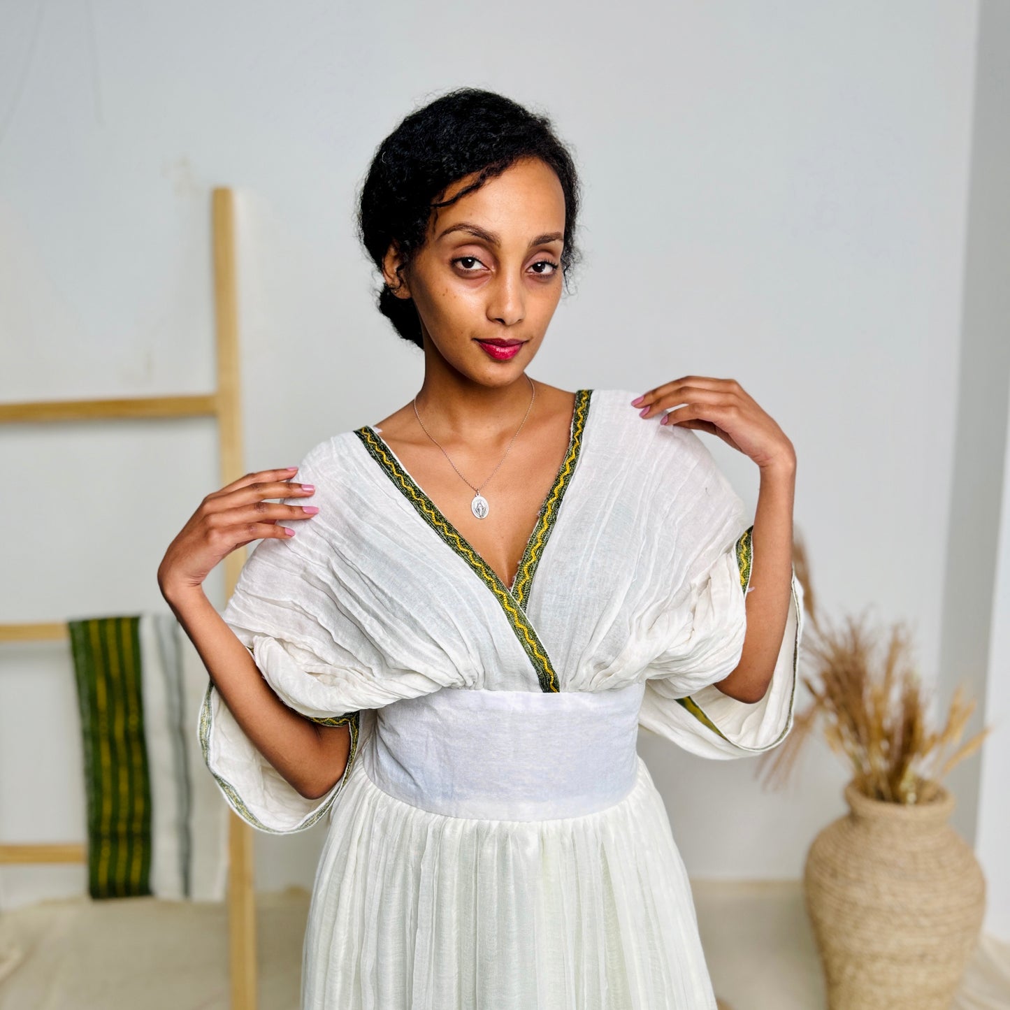 Ethiopian Dress | Minimalist Habesha Dress | Timeless Style with Green Accents | Habesha Dress Hab103
