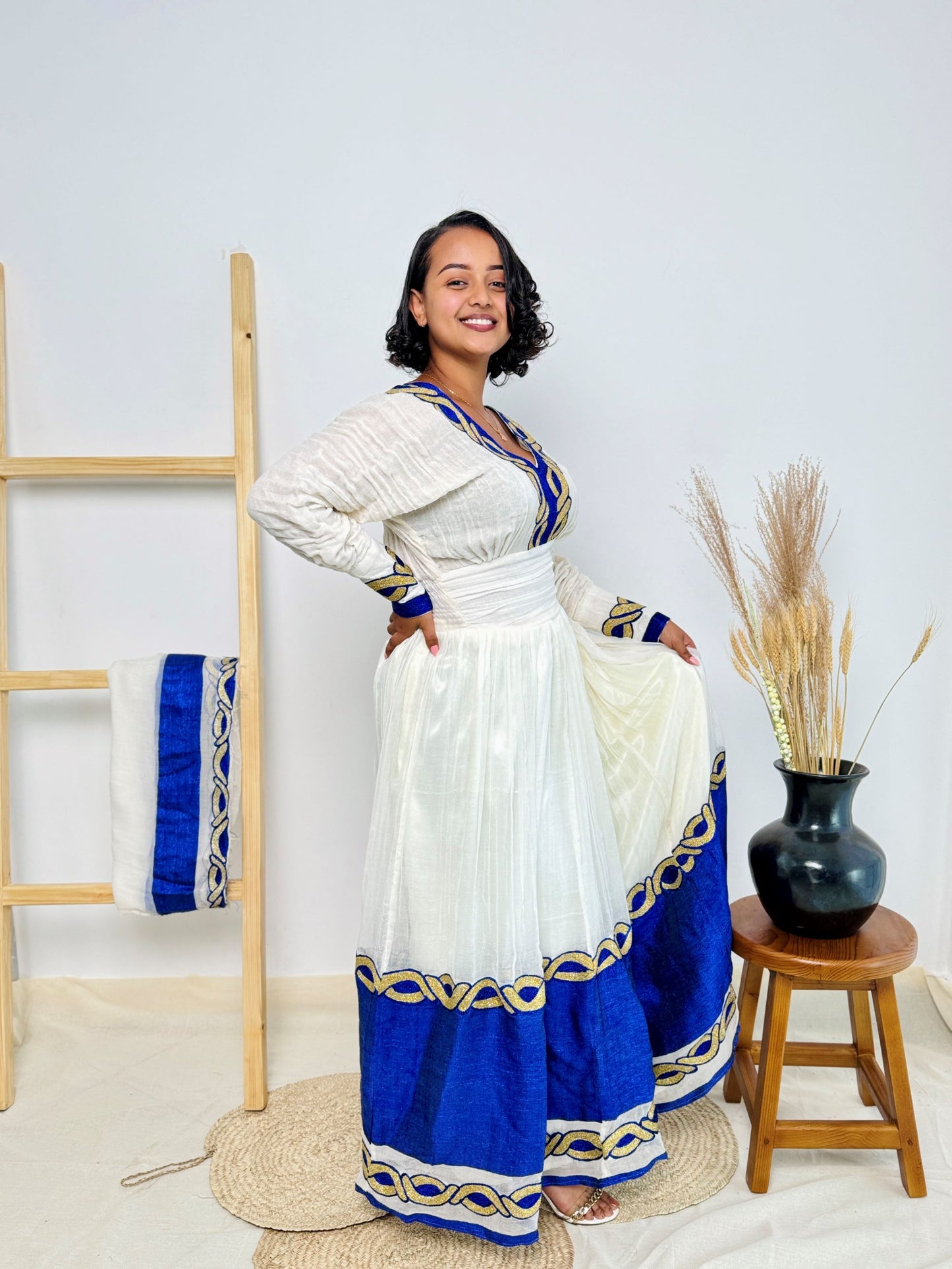 Royal Blue Ethiopian Handwoven Dress | Gold Chain Tibeb on White Menen Fabric | Graceful Habesha Kemis Hab176