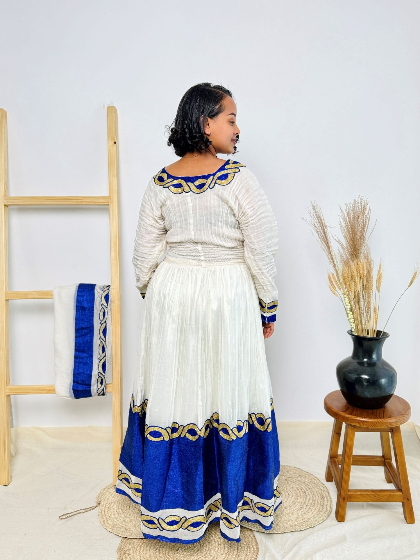 Royal Blue Ethiopian Handwoven Dress | Gold Chain Tibeb on White Menen Fabric | Graceful Habesha Kemis Hab176