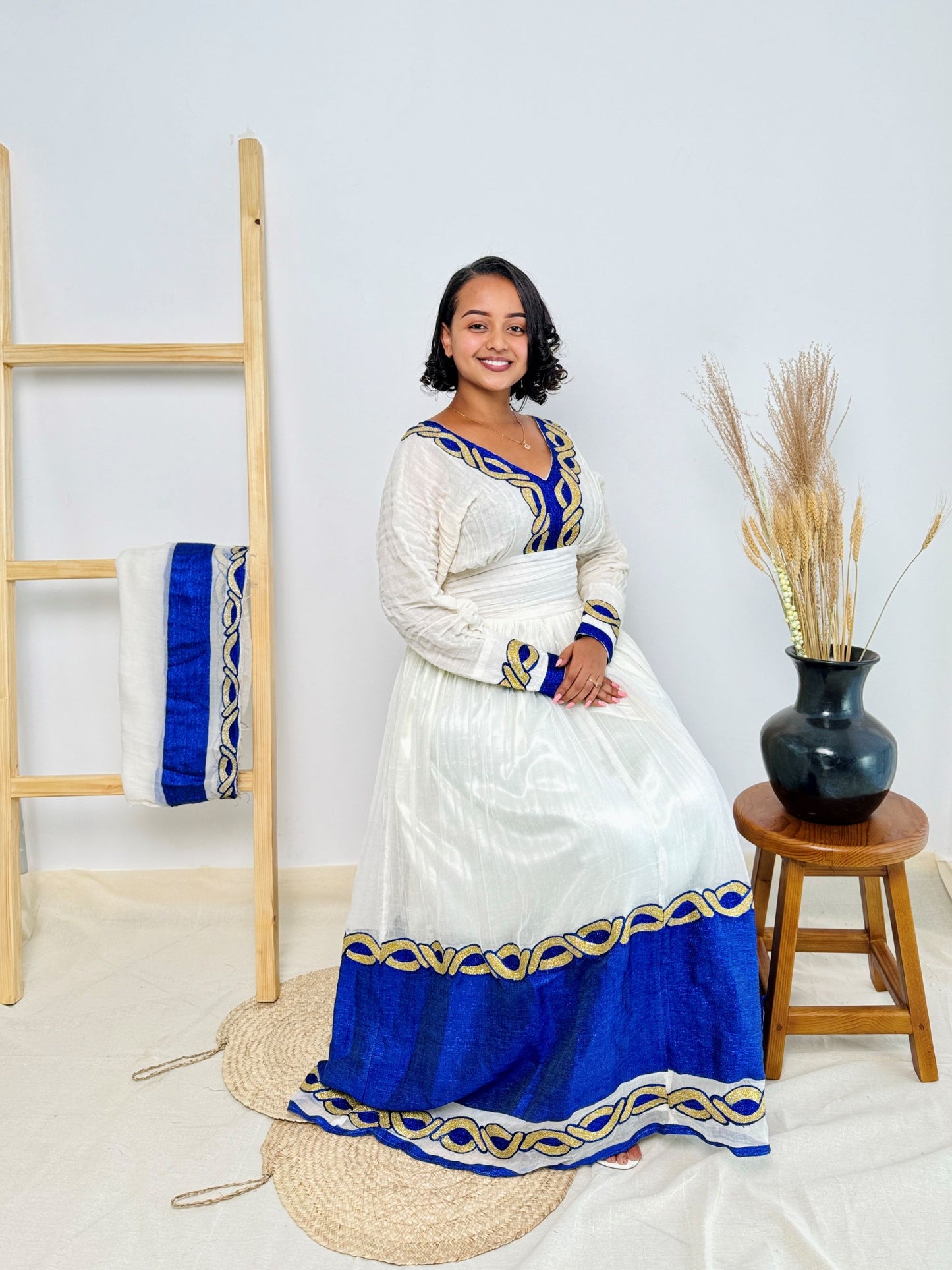 Royal Blue Ethiopian Handwoven Dress | Gold Chain Tibeb on White Menen Fabric | Graceful Habesha Kemis Hab176