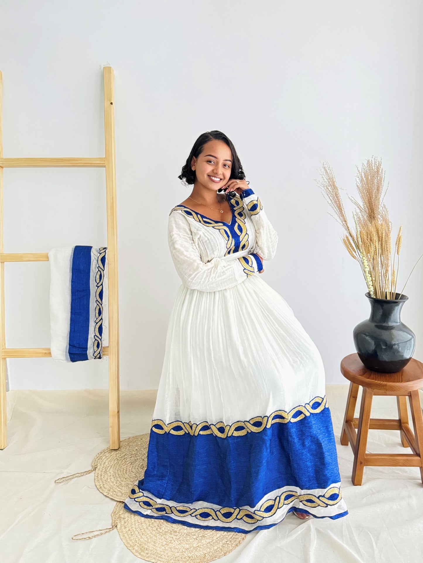 Royal Blue Ethiopian Handwoven Dress | Gold Chain Tibeb on White Menen Fabric | Graceful Habesha Kemis Hab176