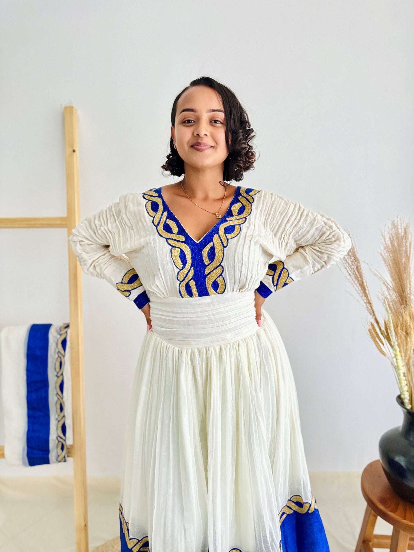 Royal Blue Ethiopian Handwoven Dress | Gold Chain Tibeb on White Menen Fabric | Graceful Habesha Kemis Hab176