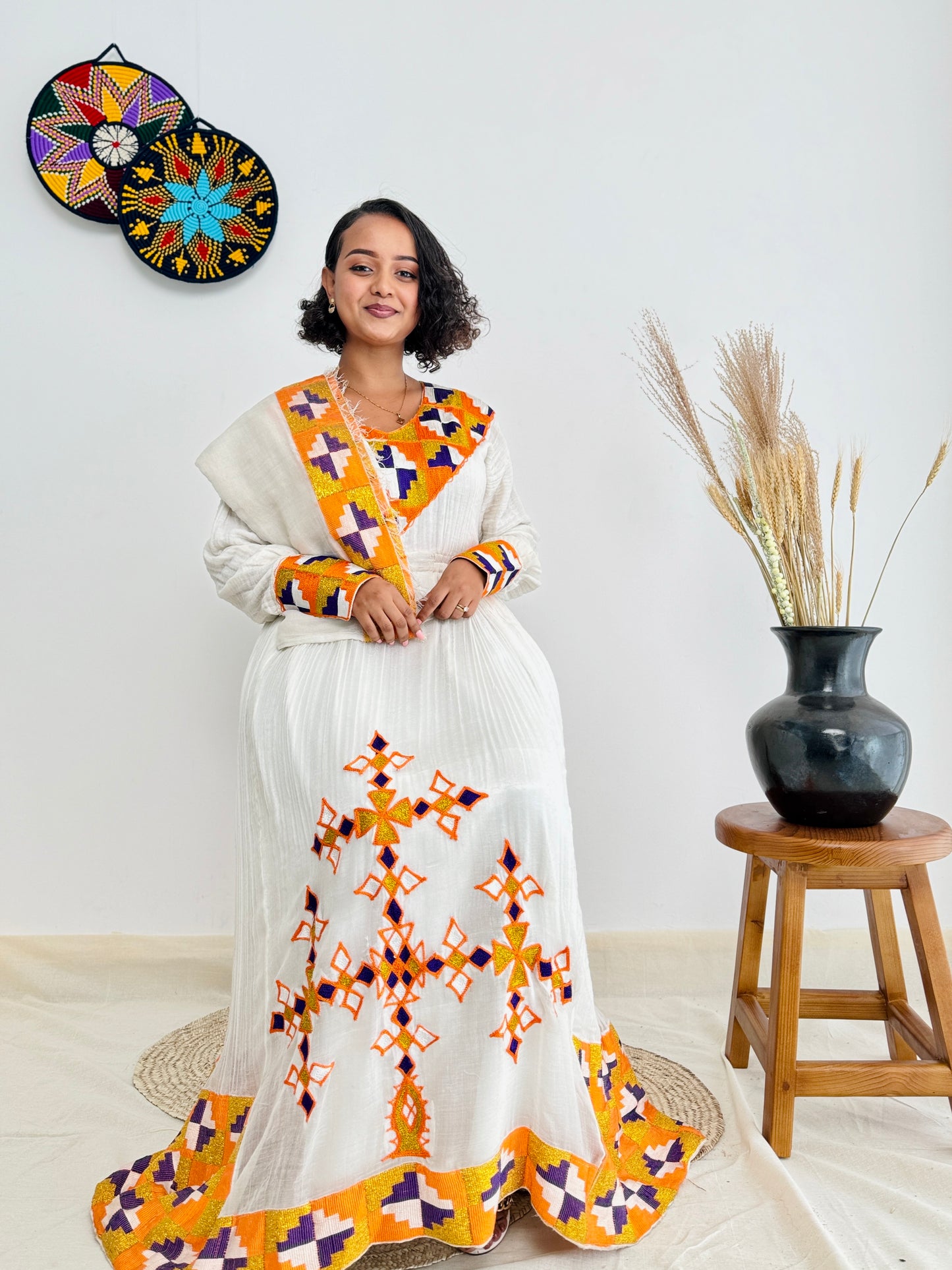 Orange Habesha Dress with Exquisite Patterns Hab07