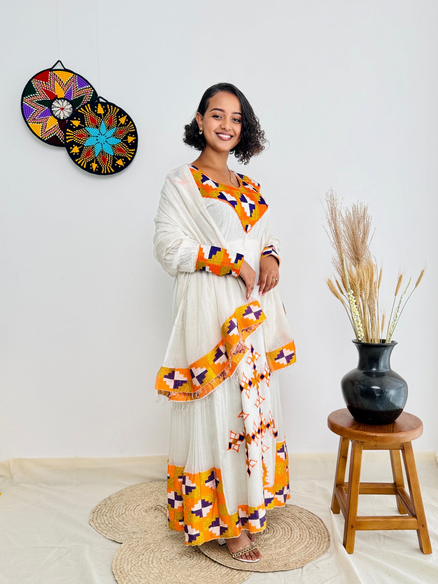 Orange Habesha Dress with Exquisite Patterns Hab07