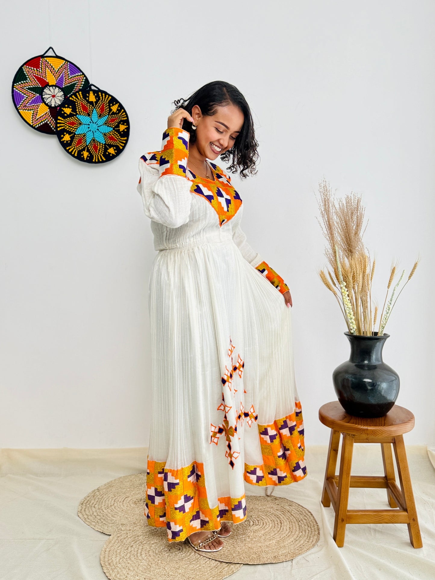Orange Habesha Dress with Exquisite Patterns Hab07