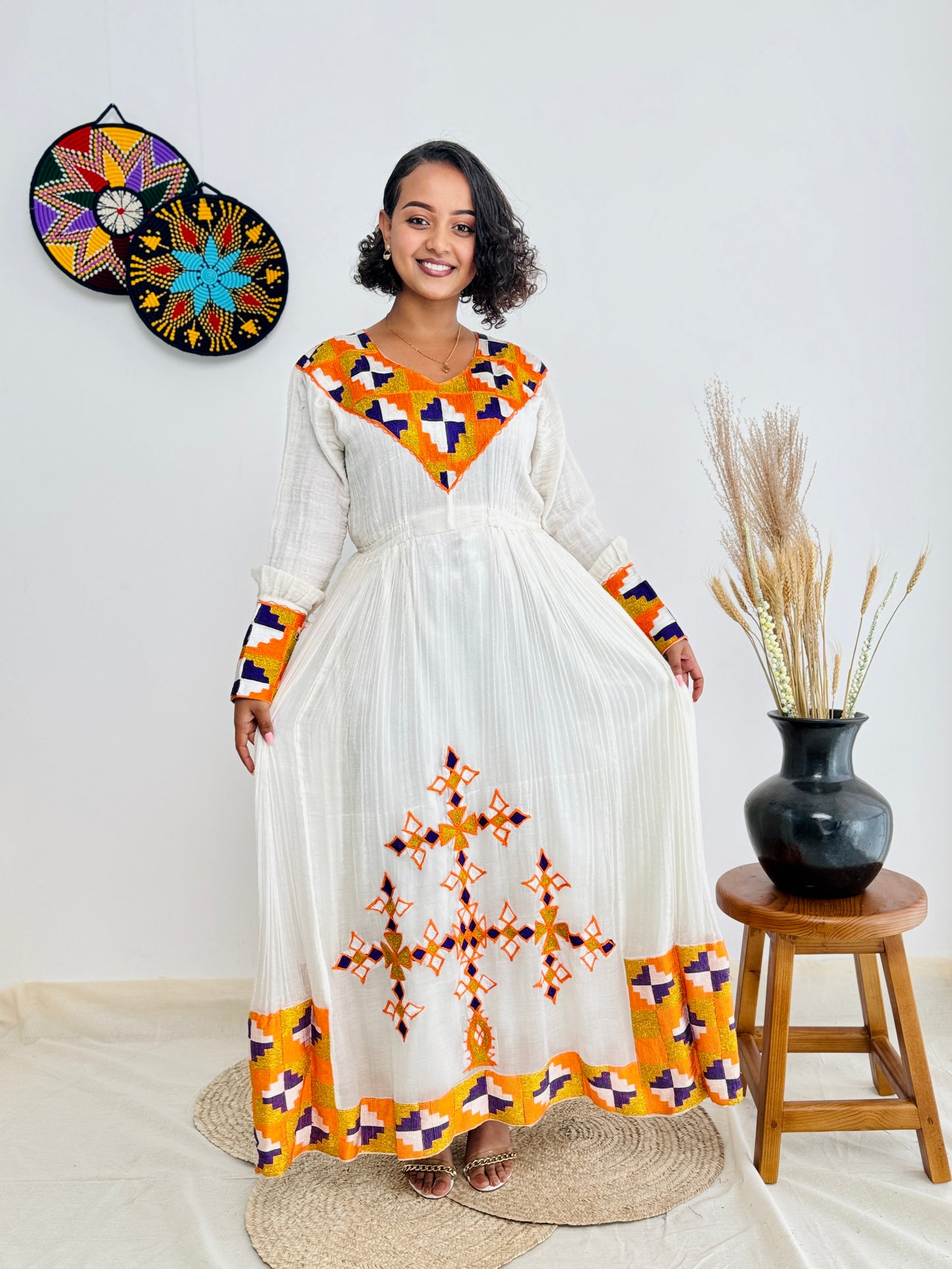 Orange Habesha Dress with Exquisite Patterns Hab07