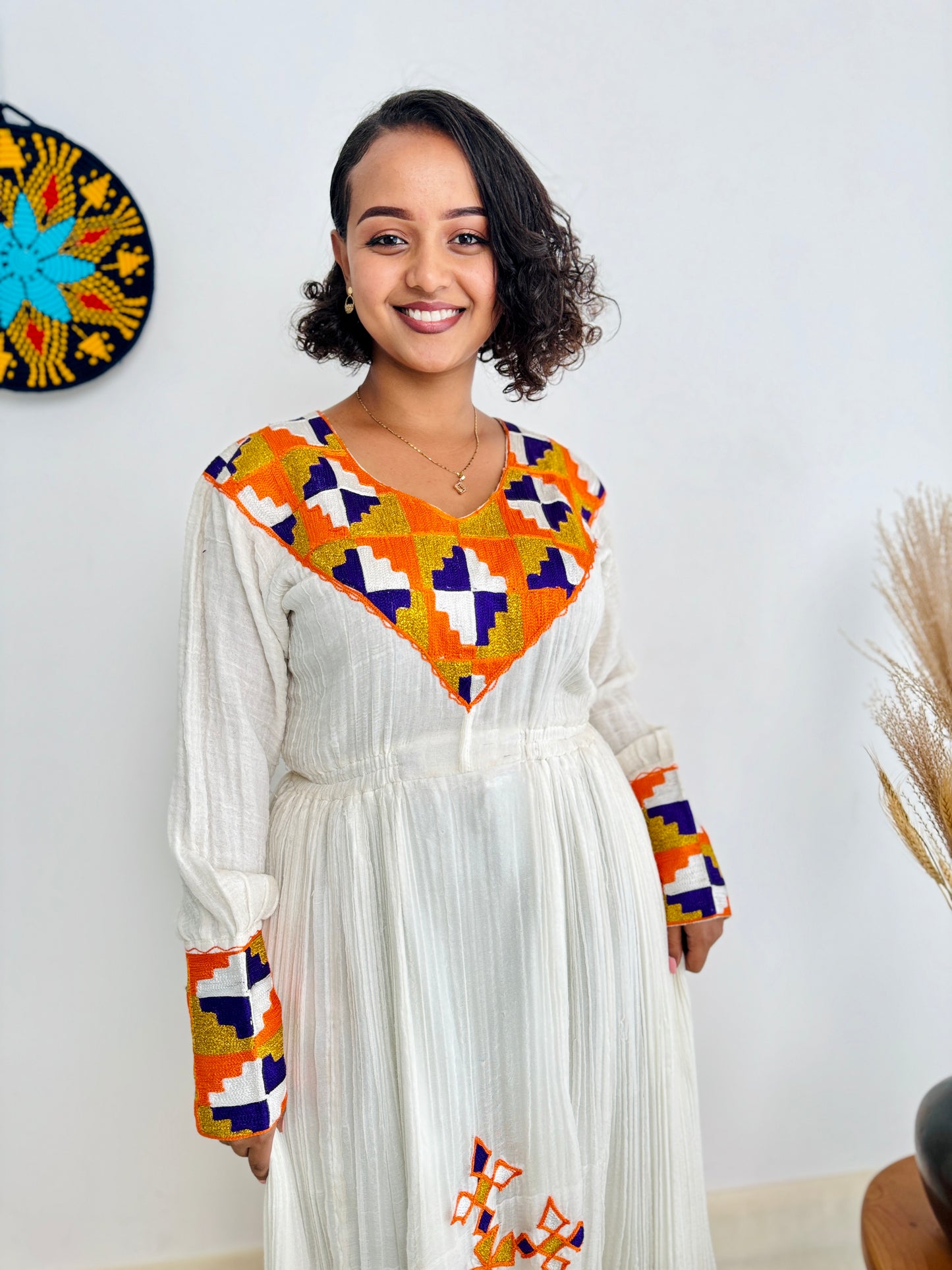 Orange Habesha Dress with Exquisite Patterns Hab07