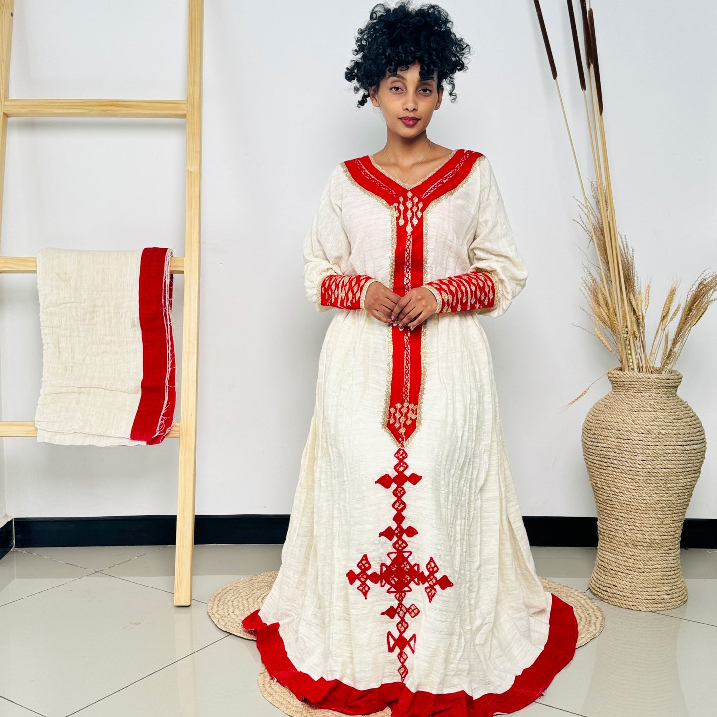 Habesha Dress | Red and Gold Full-Sleeve Embroidered Design | Perfect for Weddings and Festivals | Intricate Handwoven Patterns Hab60
