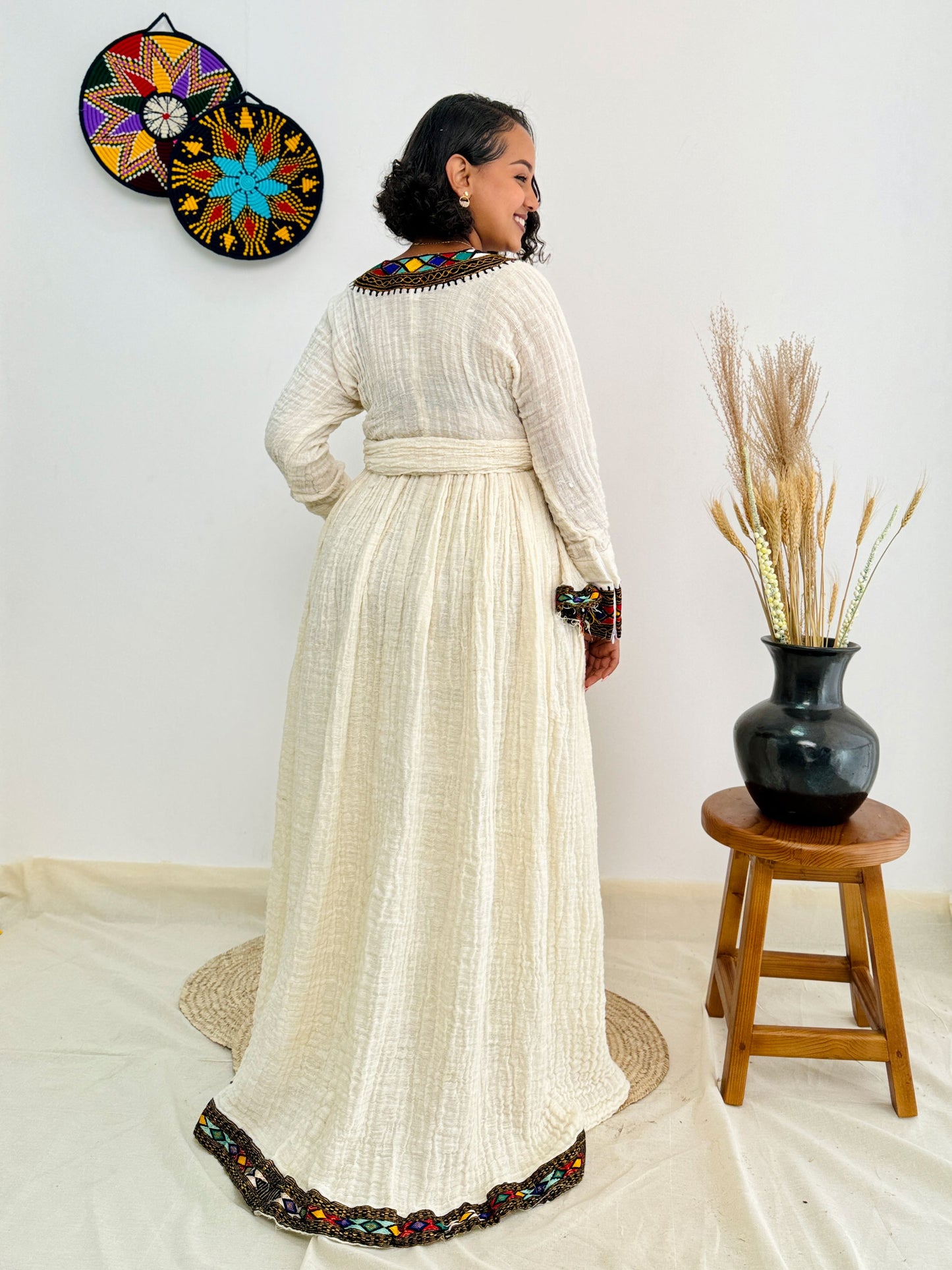 Habesha Dress | Colorful Embroidered Full-Sleeve Design | Special Occasion Wear | Black with Colorful Detailing Hab58