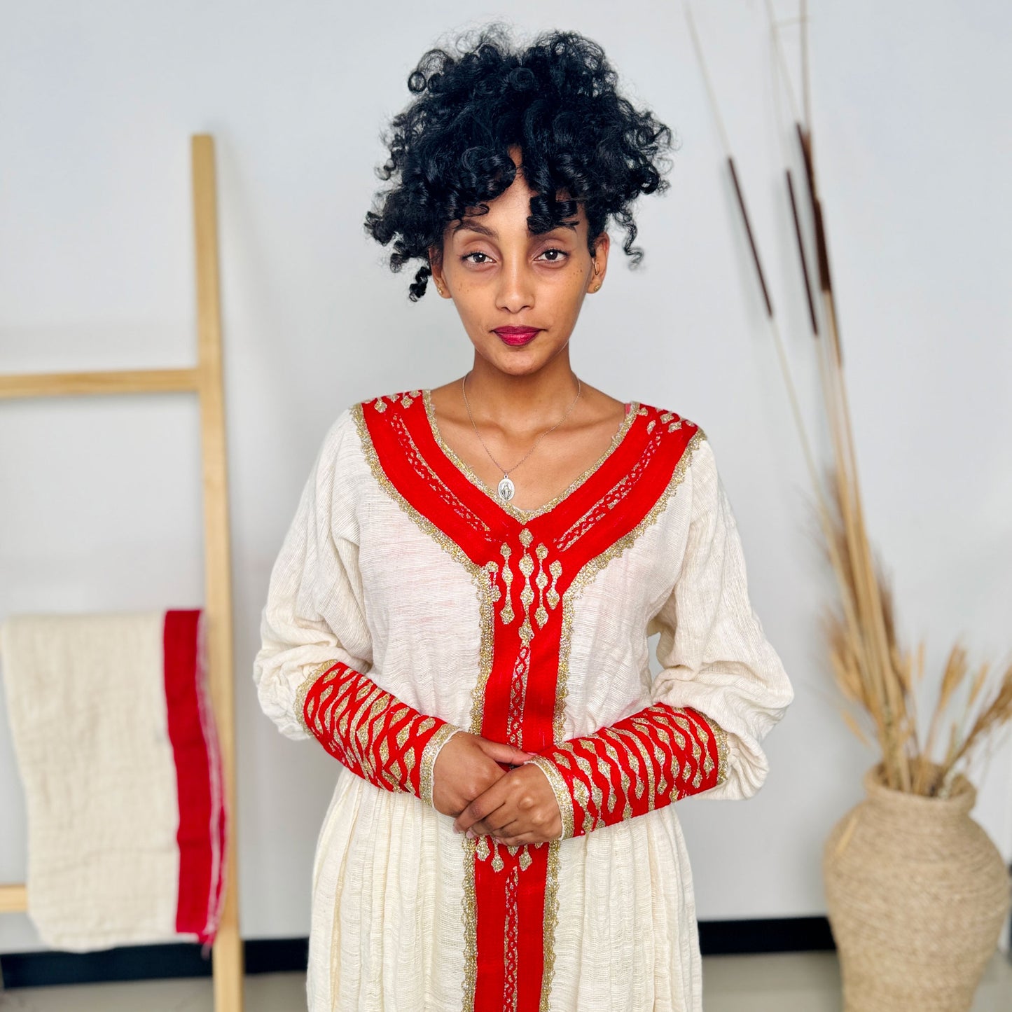 Habesha Dress | Red and Gold Full-Sleeve Embroidered Design | Perfect for Weddings and Festivals | Intricate Handwoven Patterns Hab60