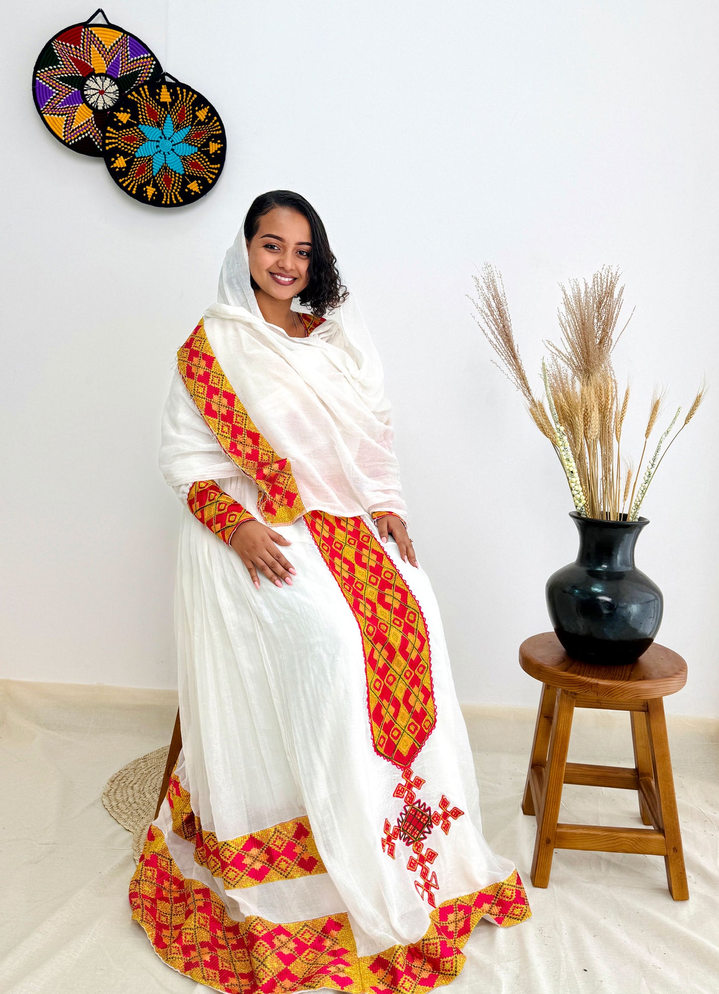 Red and Gold Habesha Dress with a Matching Scarf Hab38