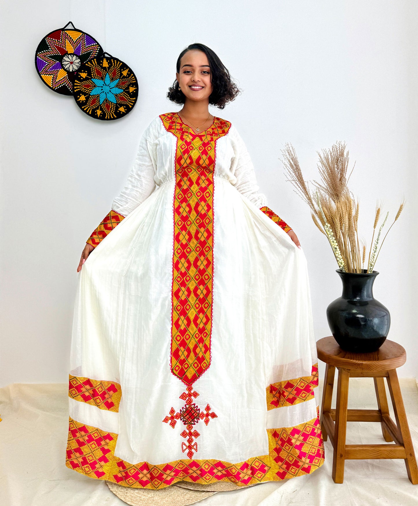 Red and Gold Habesha Dress with a Matching Scarf Hab38