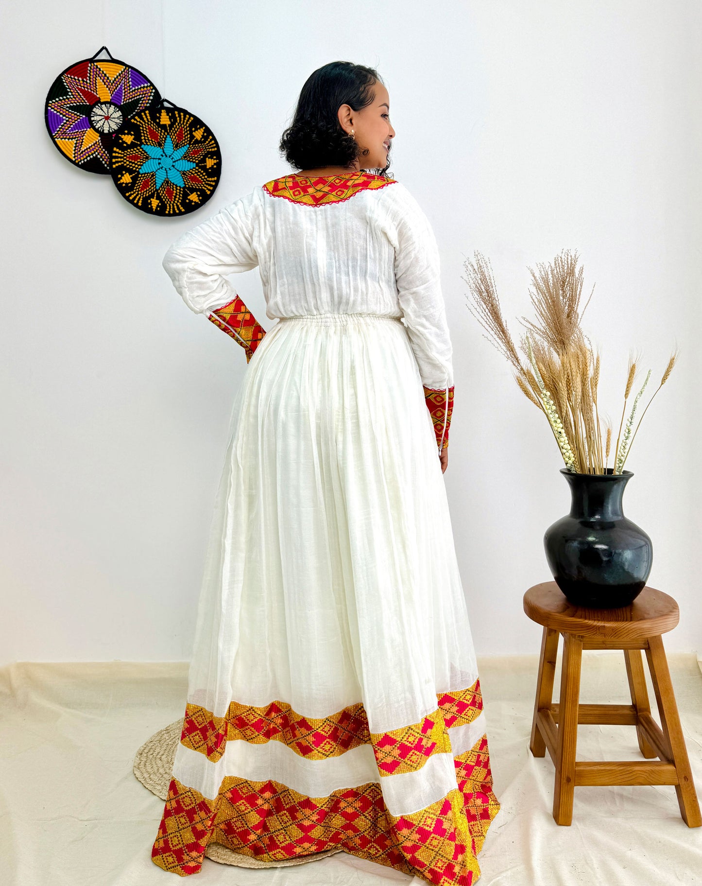 Red and Gold Habesha Dress with a Matching Scarf Hab38