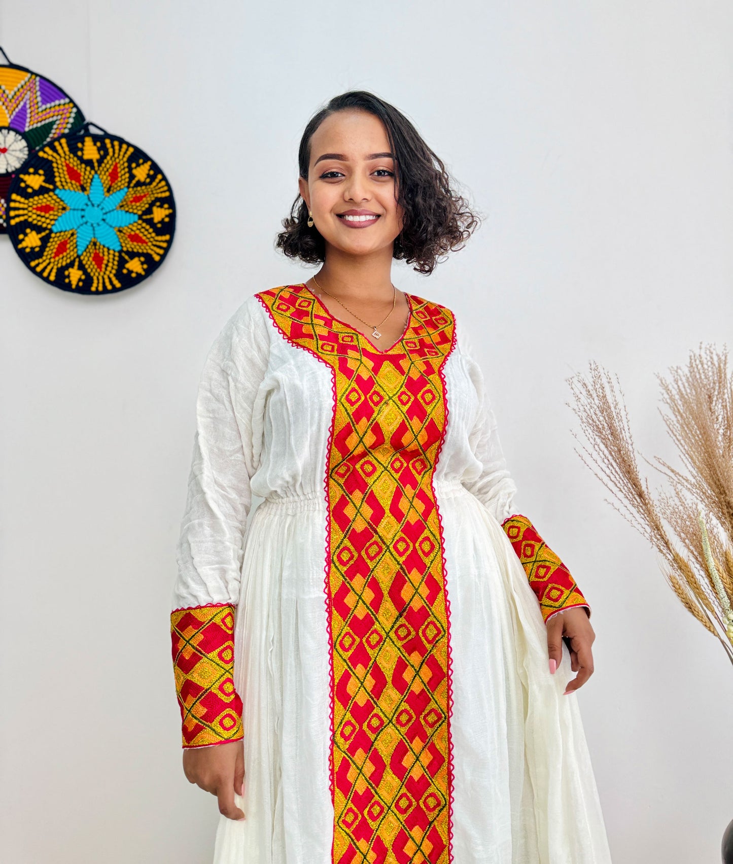 Red and Gold Habesha Dress with a Matching Scarf Hab38