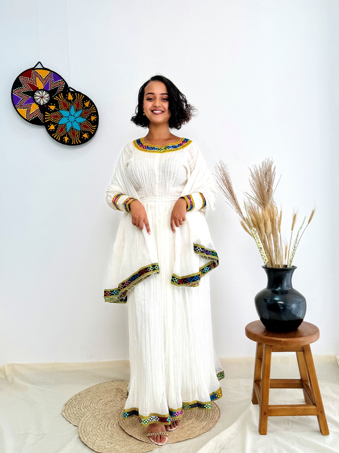 Handwoven Ethiopian Dress– White Cotton Dress with Colorful Traditional Tibeb Embroidery | Cultural & Elegant Wear for Special Occasions Hab187