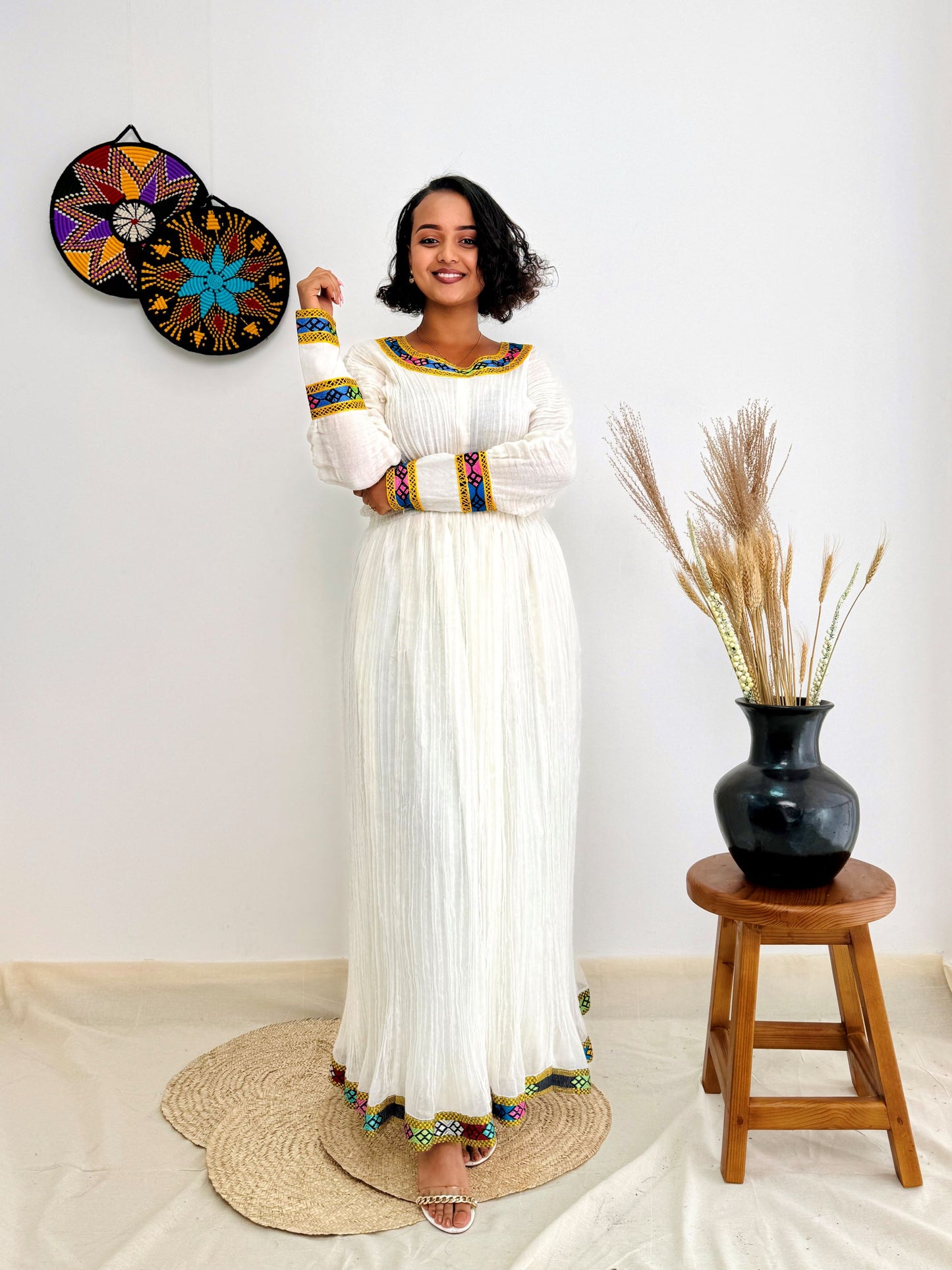 Handwoven Ethiopian Dress– White Cotton Dress with Colorful Traditional Tibeb Embroidery | Cultural & Elegant Wear for Special Occasions Hab187