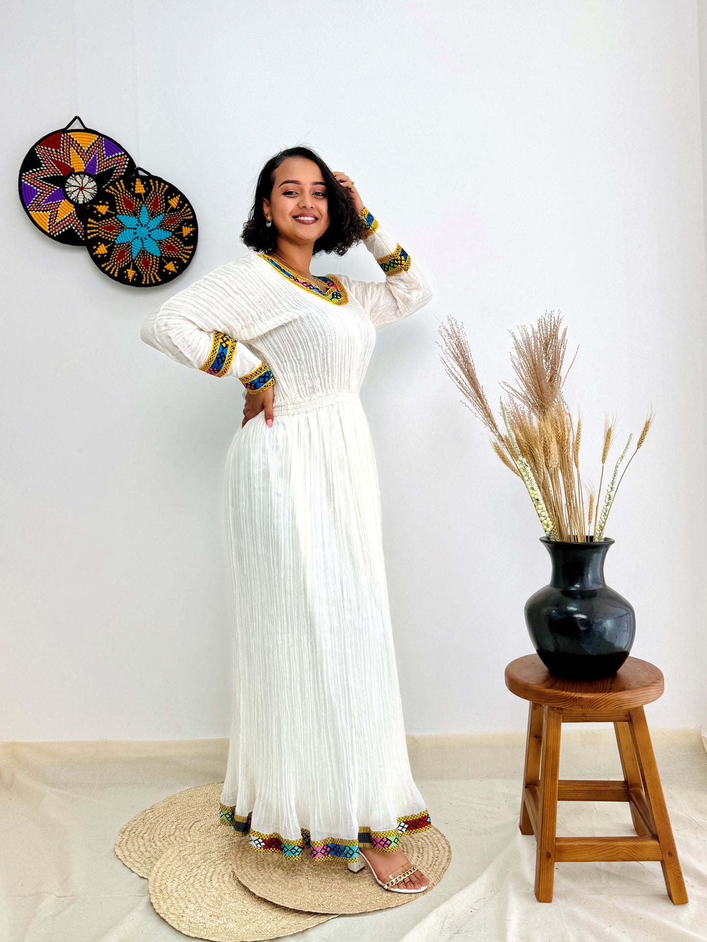Handwoven Ethiopian Dress– White Cotton Dress with Colorful Traditional Tibeb Embroidery | Cultural & Elegant Wear for Special Occasions Hab187