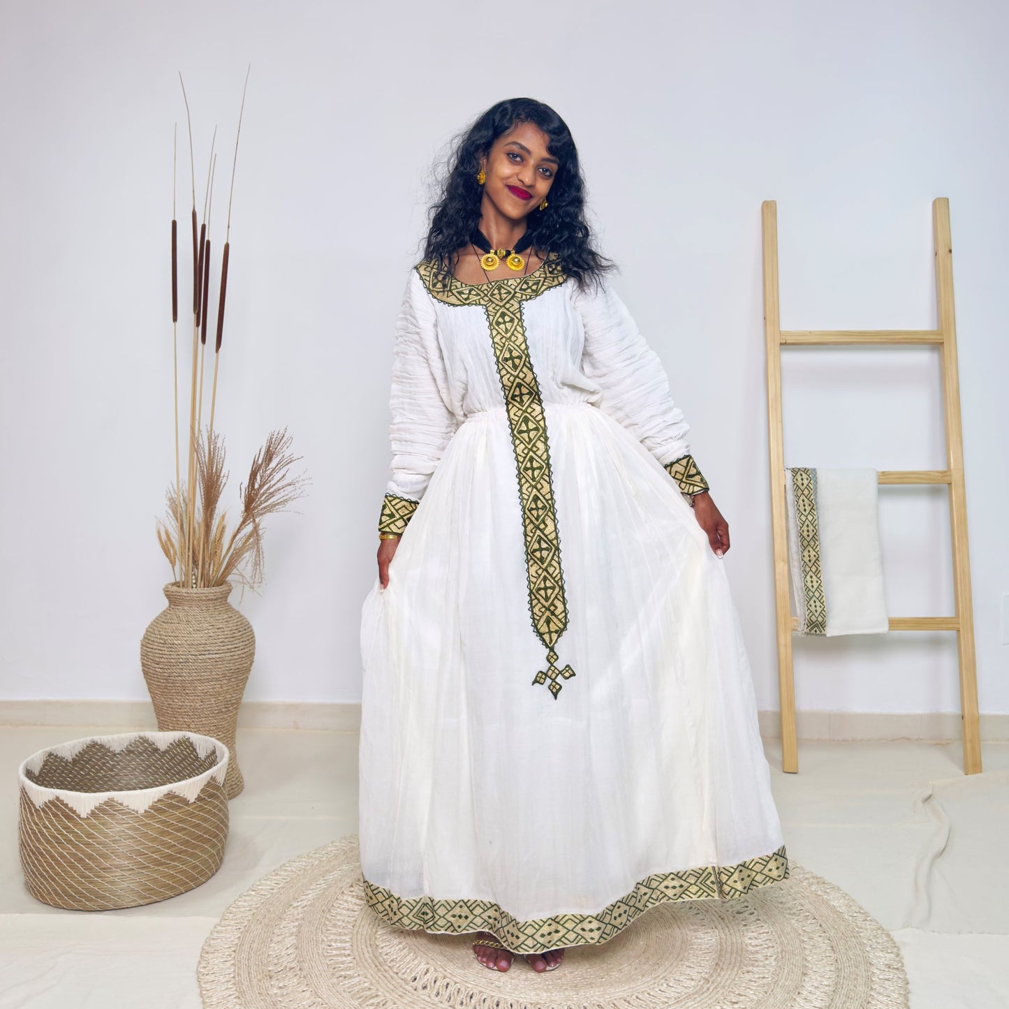Traditional Ethiopian Habesha Dress | Handwoven White Cotton with Gold & Olive Green Tibeb Embroidery | Long Sleeve Elegant Fit Hab217