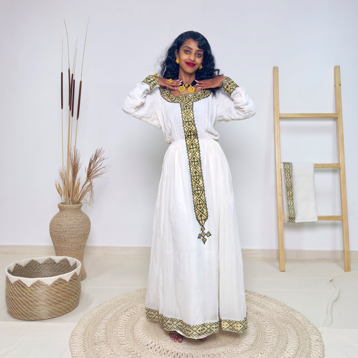 Traditional Ethiopian Habesha Dress | Handwoven White Cotton with Gold & Olive Green Tibeb Embroidery | Long Sleeve Elegant Fit Hab217
