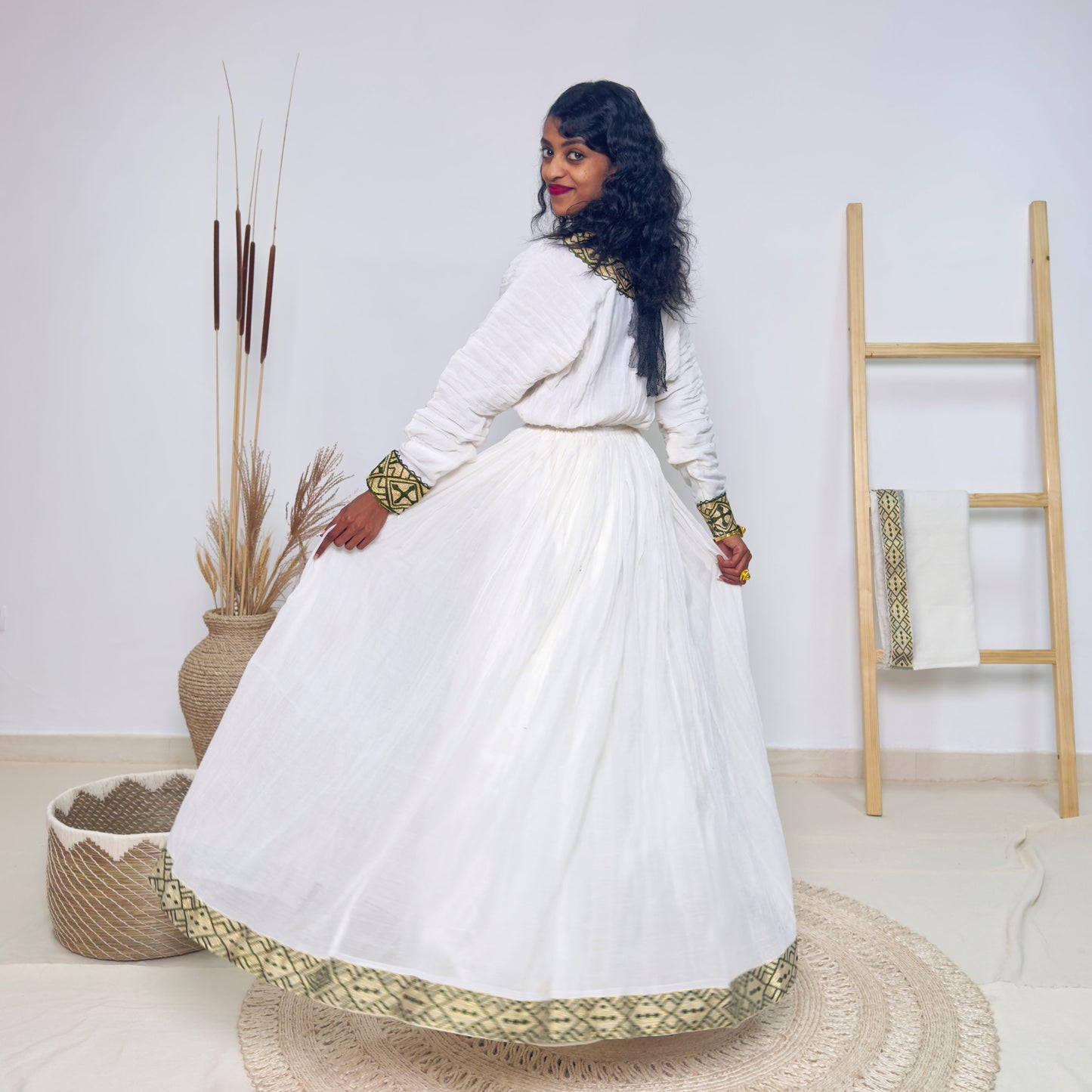 Traditional Ethiopian Habesha Dress | Handwoven White Cotton with Gold & Olive Green Tibeb Embroidery | Long Sleeve Elegant Fit Hab217