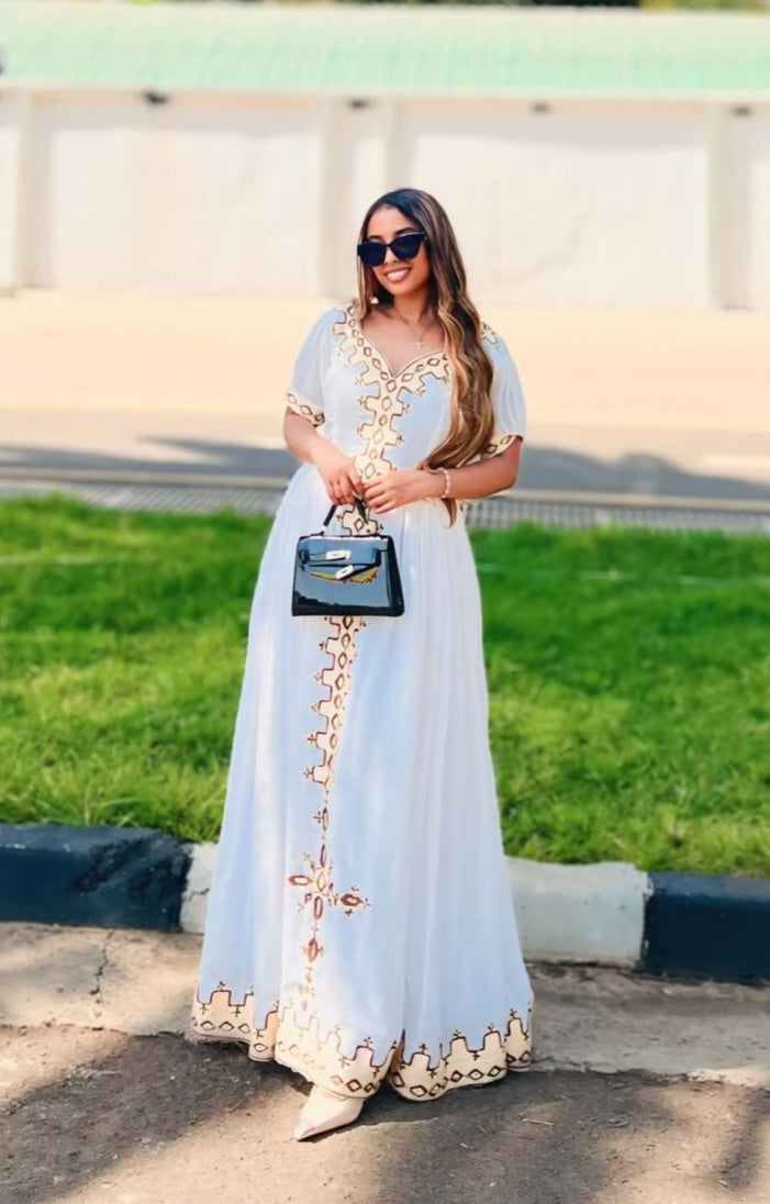 EFRU WHITE HABESHA KEMIS WITH GOLDEN EMBROIDERY | TRADITIONAL ETHIOPIAN DRESS | BEAUTIFUL HABESHA DRESS