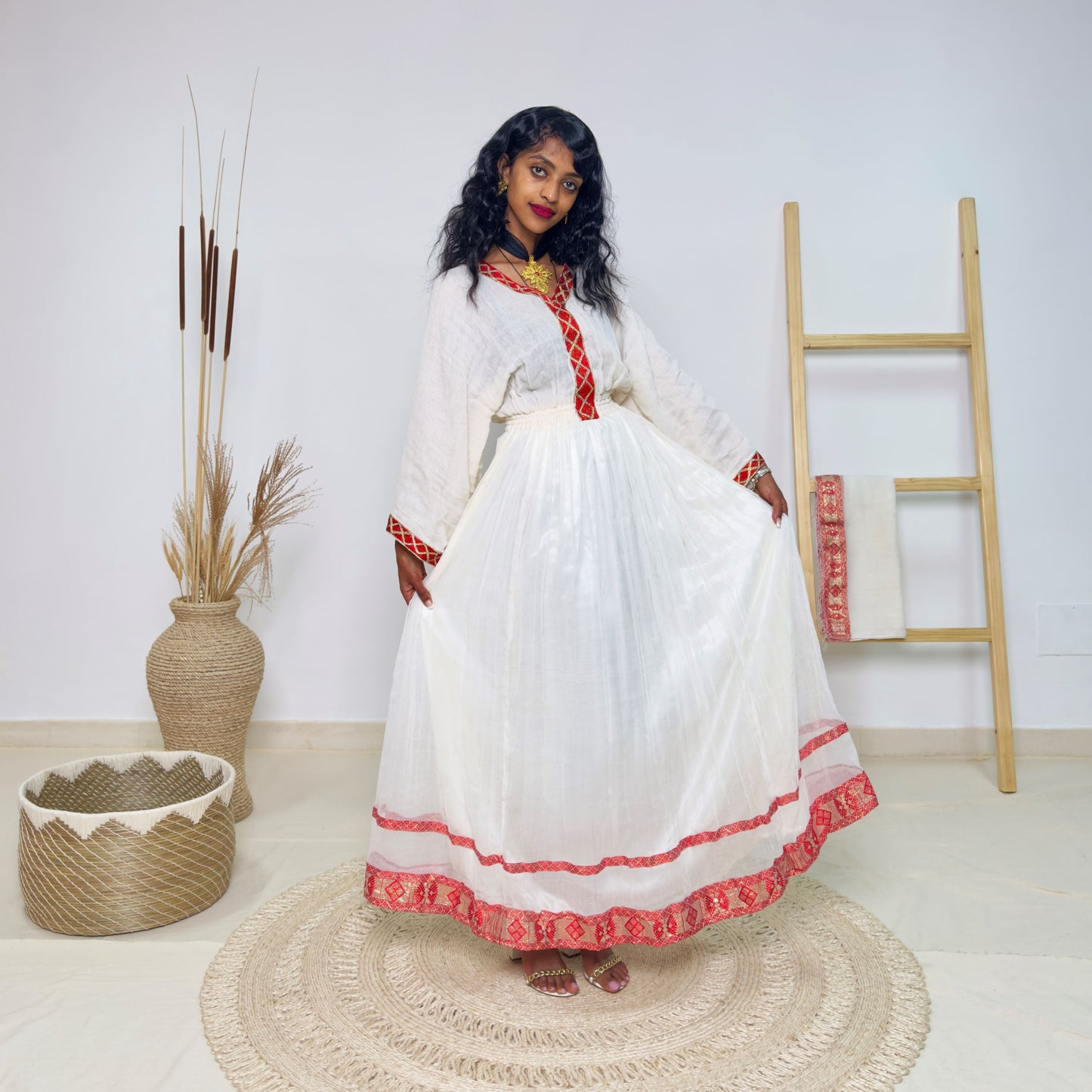 Traditional Ethiopian Habesha Dress | Handwoven Cotton | Red Tilet Embroidery | Flared Fit with Netela Hab236
