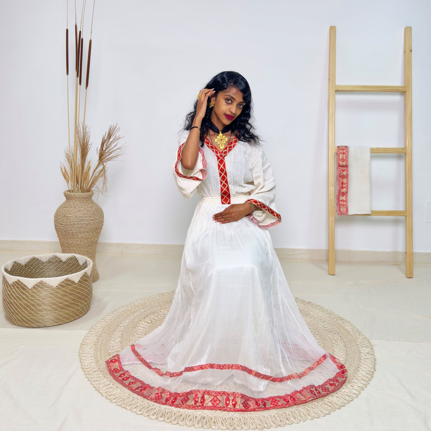 Traditional Ethiopian Habesha Dress | Handwoven Cotton | Red Tilet Embroidery | Flared Fit with Netela Hab236