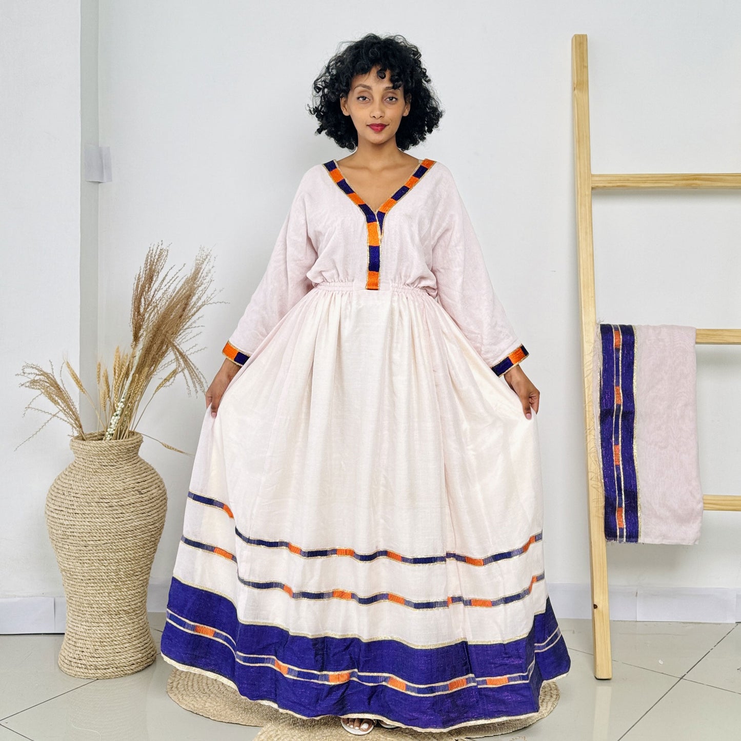 Orange and Blue Ethiopian Dress Everyday Style Habesha Kemis Hab15