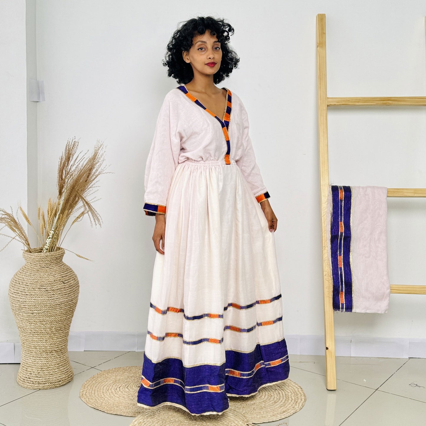 Orange and Blue Ethiopian Dress Everyday Style Habesha Kemis Hab15