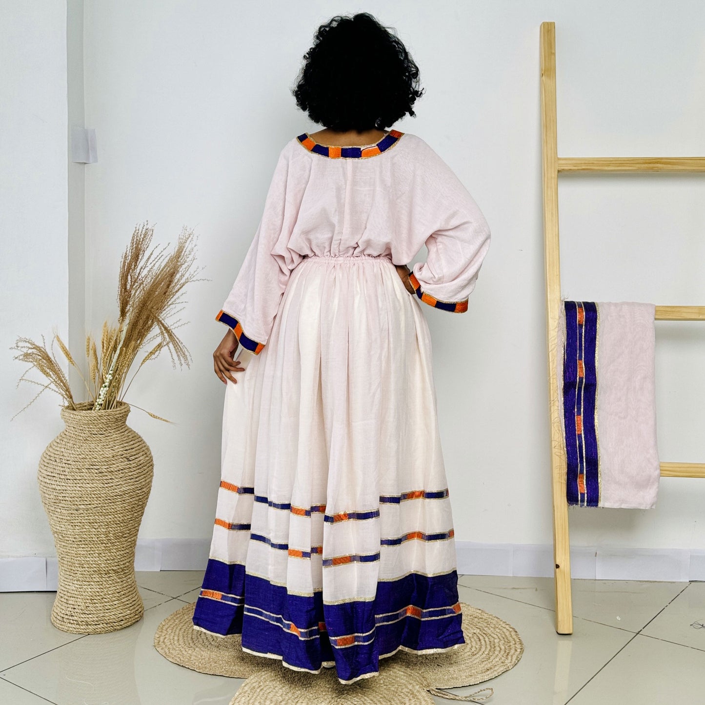 Orange and Blue Ethiopian Dress Everyday Style Habesha Kemis Hab15