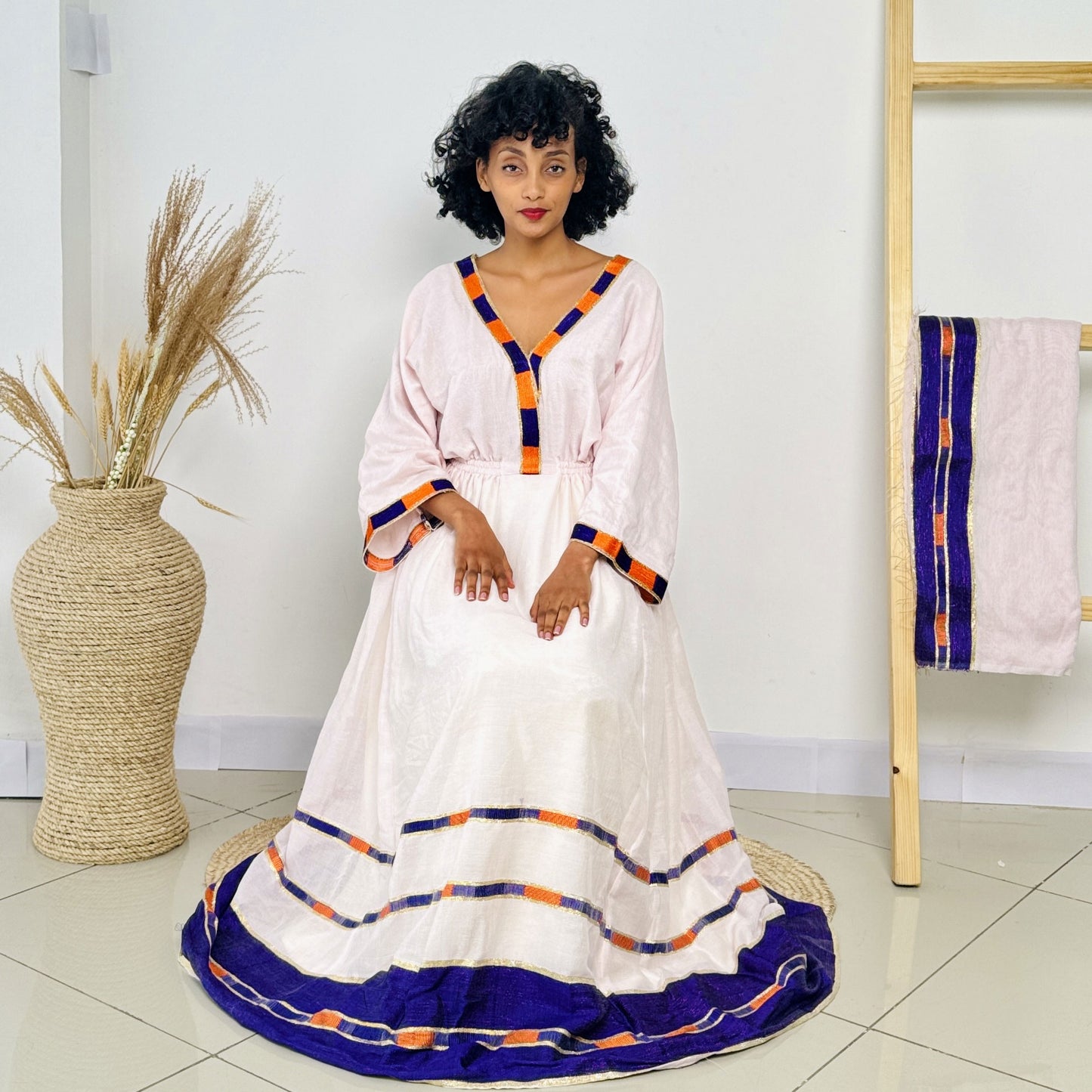 Orange and Blue Ethiopian Dress Everyday Style Habesha Kemis Hab15