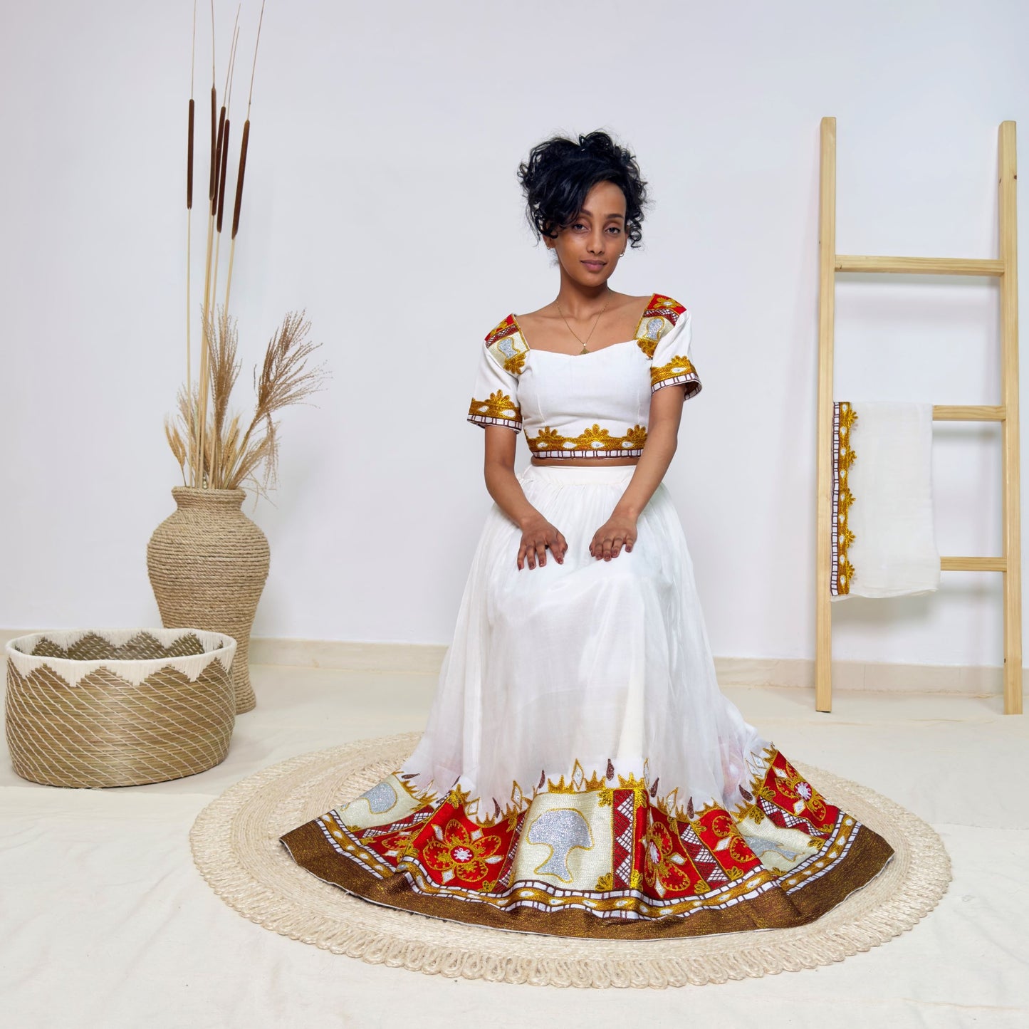 Bold & Colorful Ethiopian Dress | Modern Oromo Dress Handwoven Habesha Kemis with Royal Red & Gold Tibeb Hab179