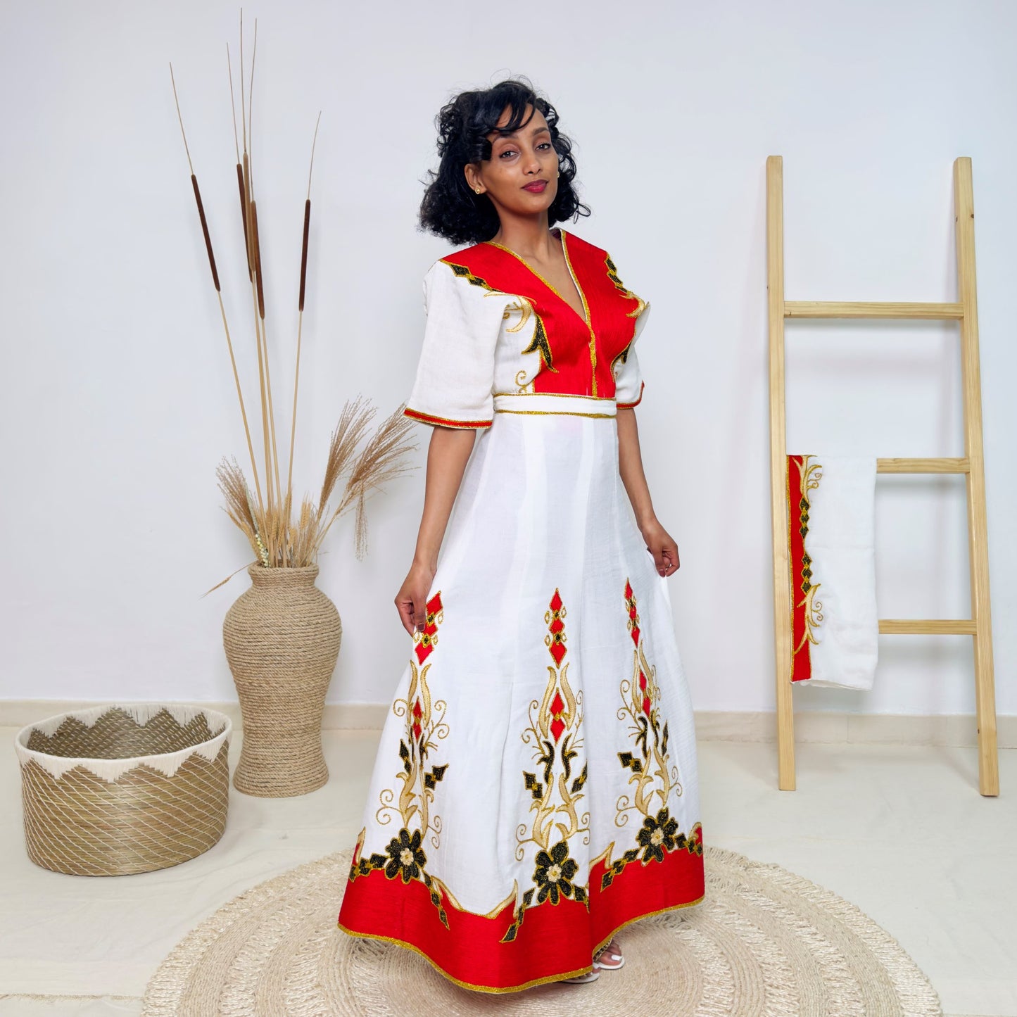 Red & Gold Habesha Dress | Modern Ethiopian Traditional Kemis Hab229