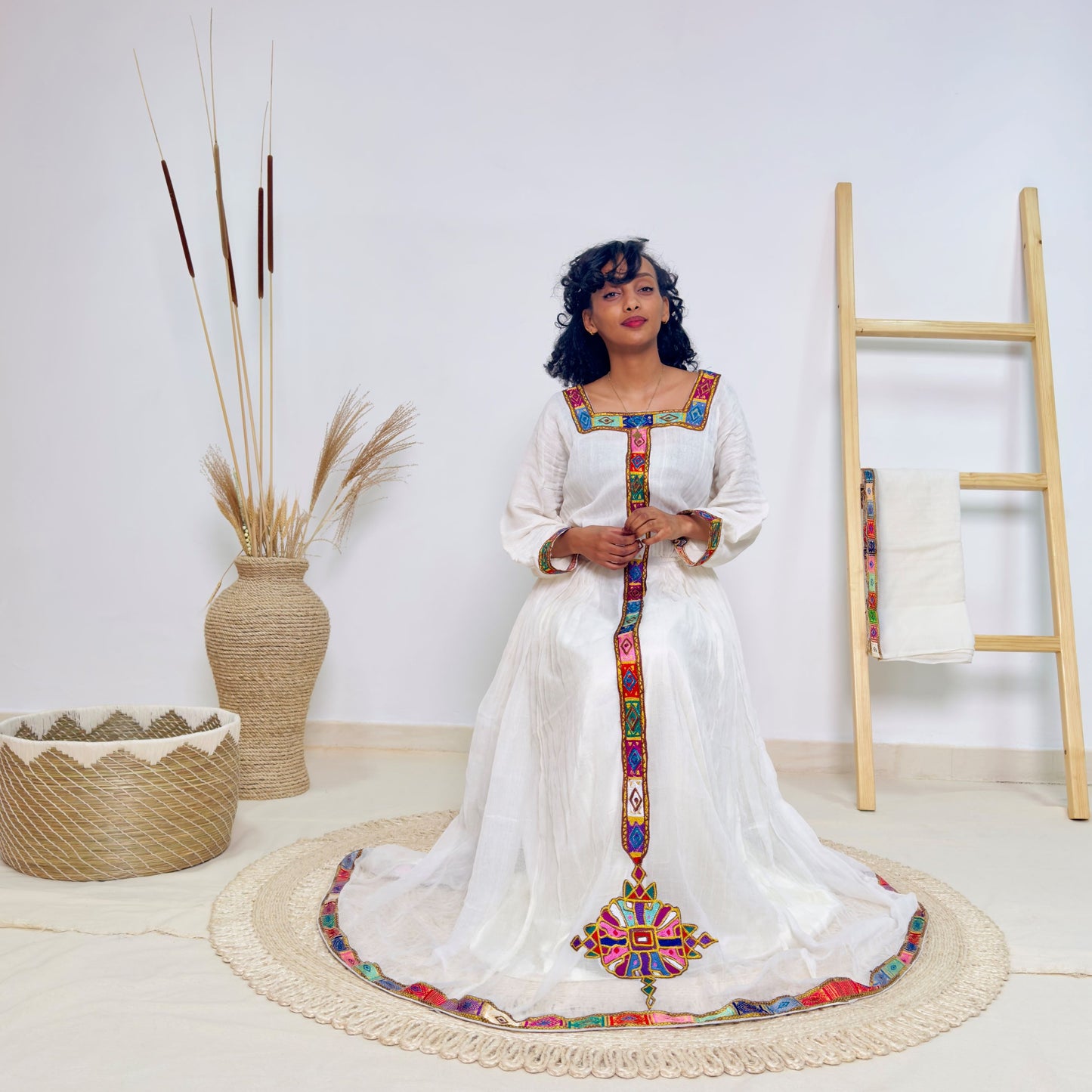 Elegant White & Rainbow Tibeb | Handmade Ethiopian Dress | Habesha Kemis | Handwoven Cotton | Traditional Ethiopian Cultural Dress | Hab156