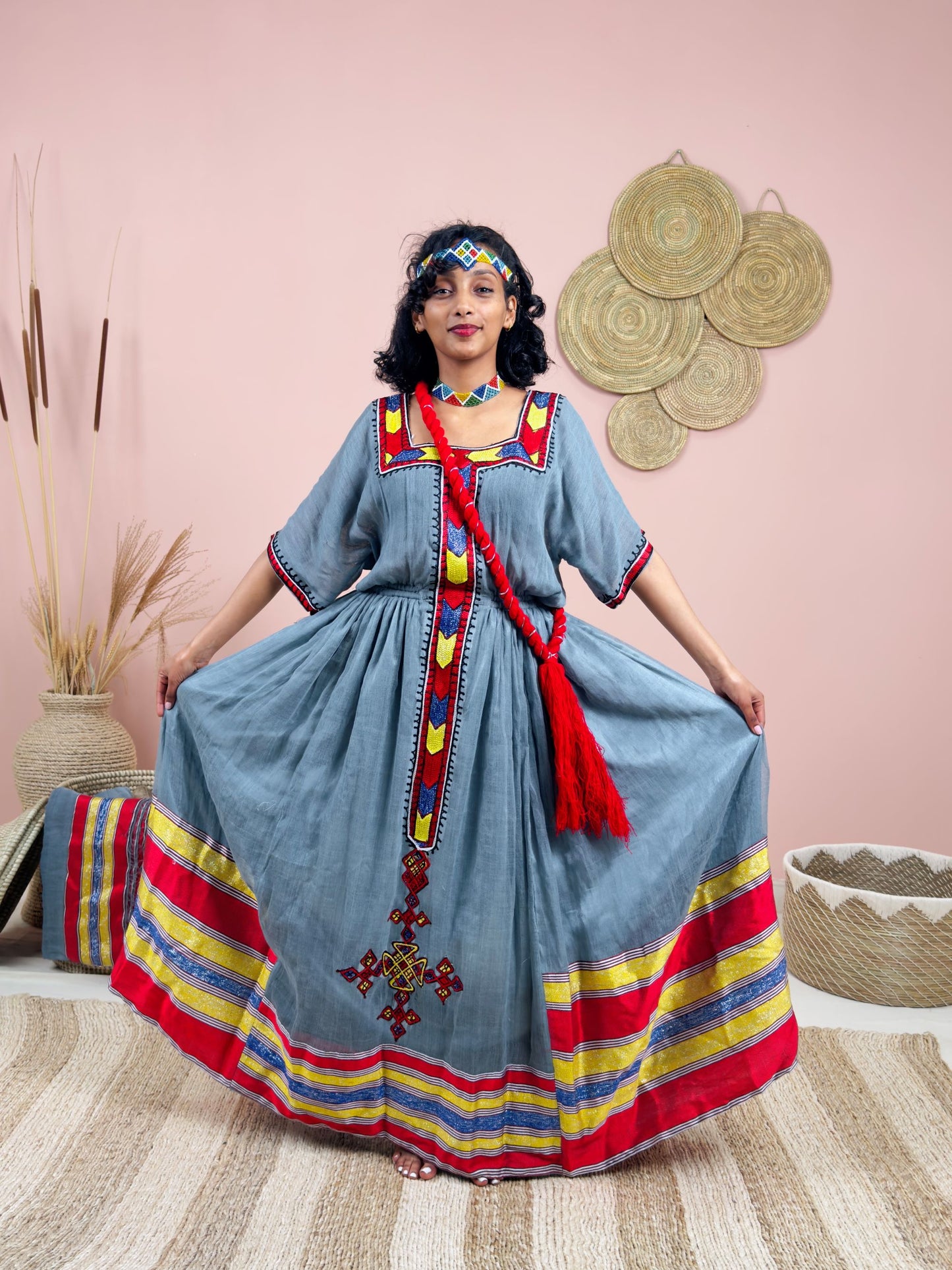 Handwoven Ethiopian Dress | Gray Habesha Kemis with Bold Red & Gold Tibeb | Cultural Elegance Hab148