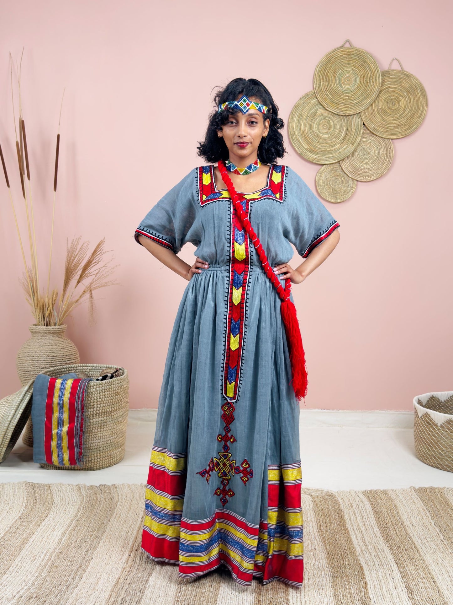 Handwoven Ethiopian Dress | Gray Habesha Kemis with Bold Red & Gold Tibeb | Cultural Elegance Hab148