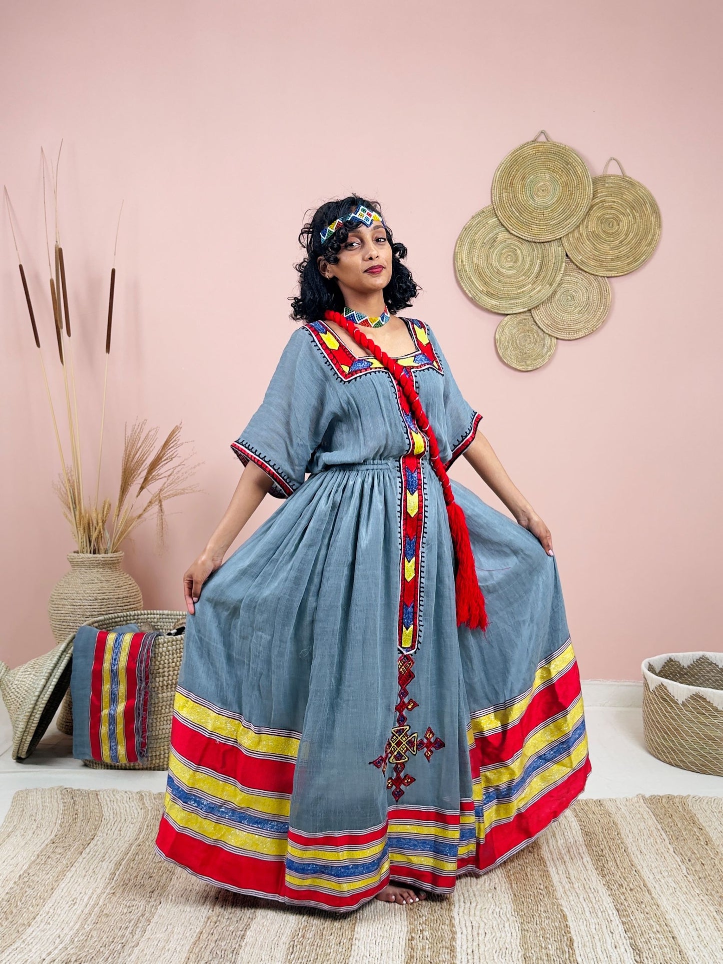 Handwoven Ethiopian Dress | Gray Habesha Kemis with Bold Red & Gold Tibeb | Cultural Elegance Hab148