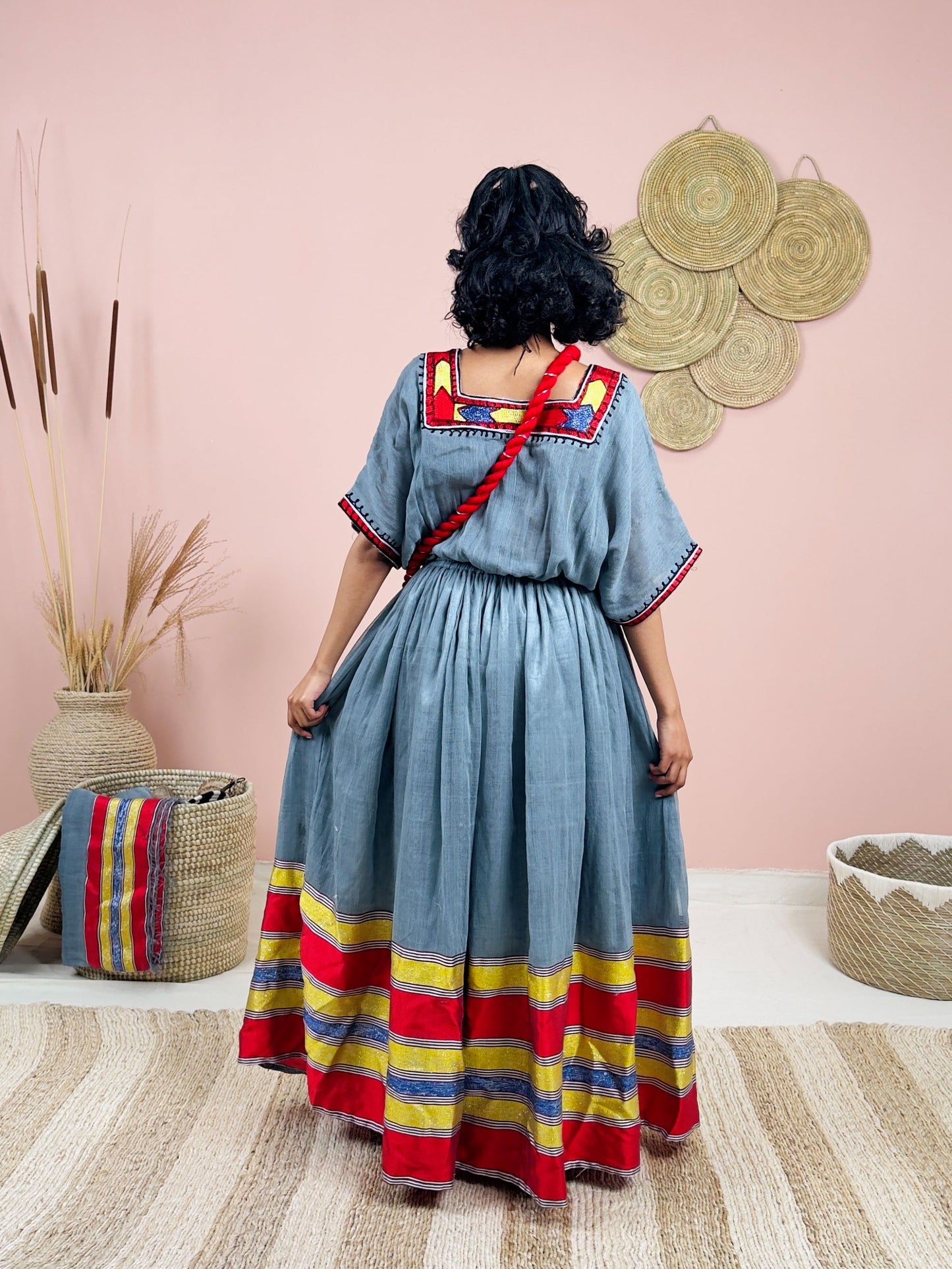 Handwoven Ethiopian Dress | Gray Habesha Kemis with Bold Red & Gold Tibeb | Cultural Elegance Hab148