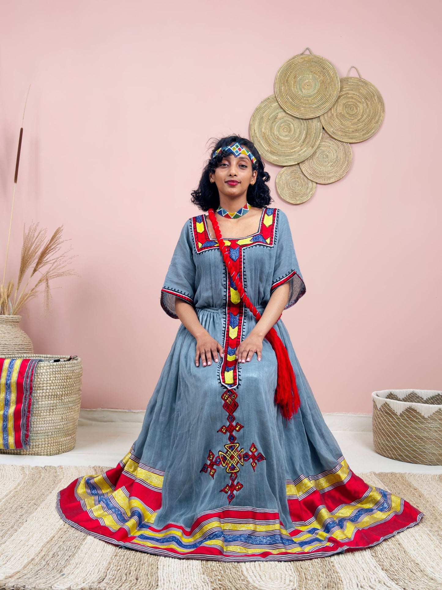 Handwoven Ethiopian Dress | Gray Habesha Kemis with Bold Red & Gold Tibeb | Cultural Elegance Hab148