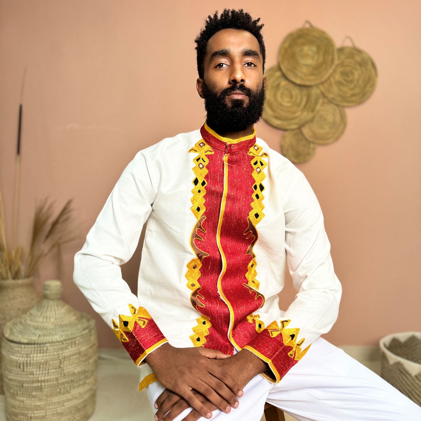 Men’s Habesha Shirt | Red & Gold Embroidery Shirt | Weddings & Cultural Shirt | Handmade Habesha Shirt Hab71