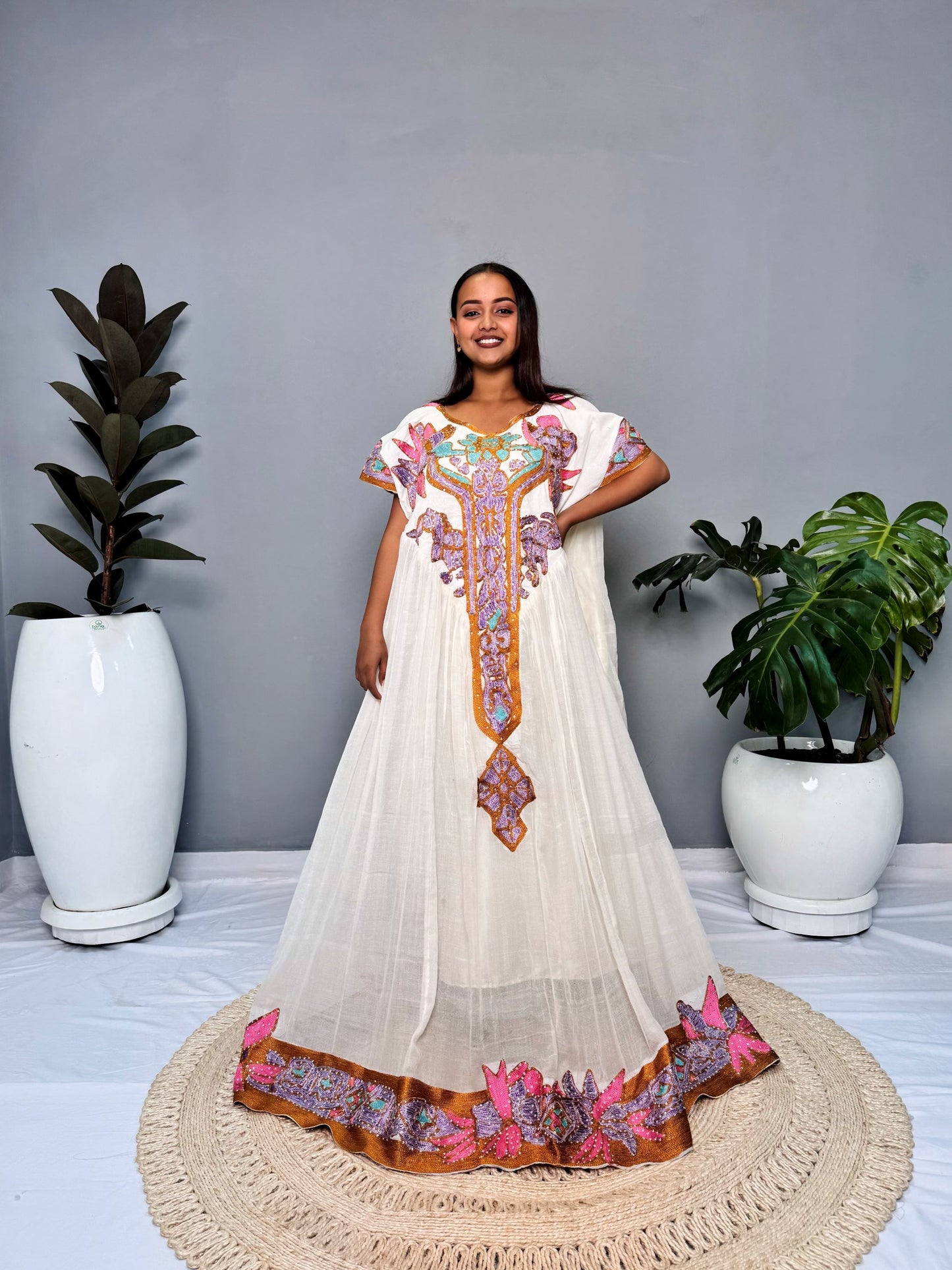 Habesha Dress | Unique Embroidered Design | Special Events Habesha Dress | Pink Fabric | Ethiopian Dress Hab121