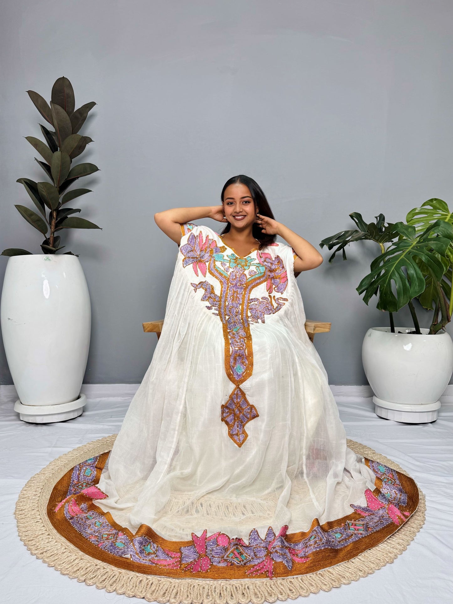 Habesha Dress | Unique Embroidered Design | Special Events Habesha Dress | Pink Fabric | Ethiopian Dress Hab121