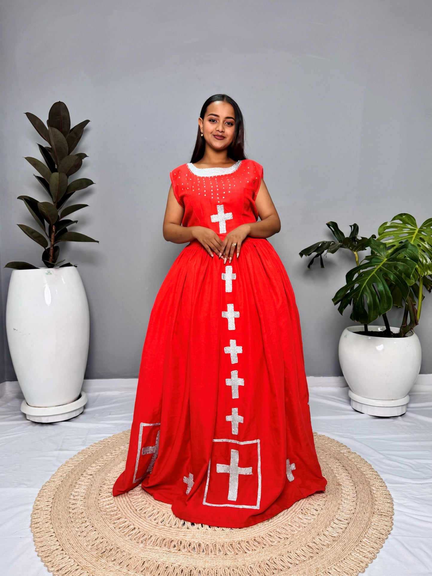 Habesha Dress | Red with Cross Embroidery | Perfect for Weddings & Cultural Celebrations | Handcrafted Ethiopian Fabric Hab117