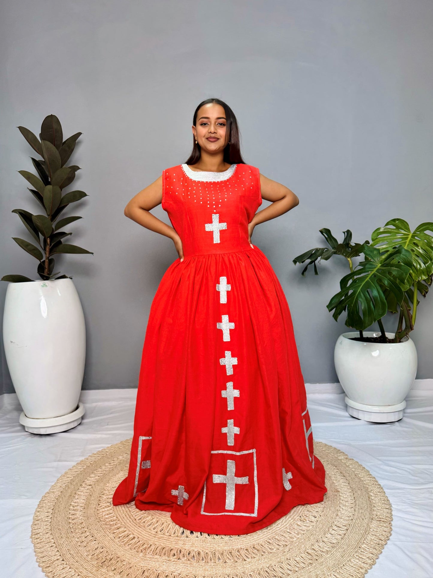 Habesha Dress | Red with Cross Embroidery | Perfect for Weddings & Cultural Celebrations | Handcrafted Ethiopian Fabric Hab117