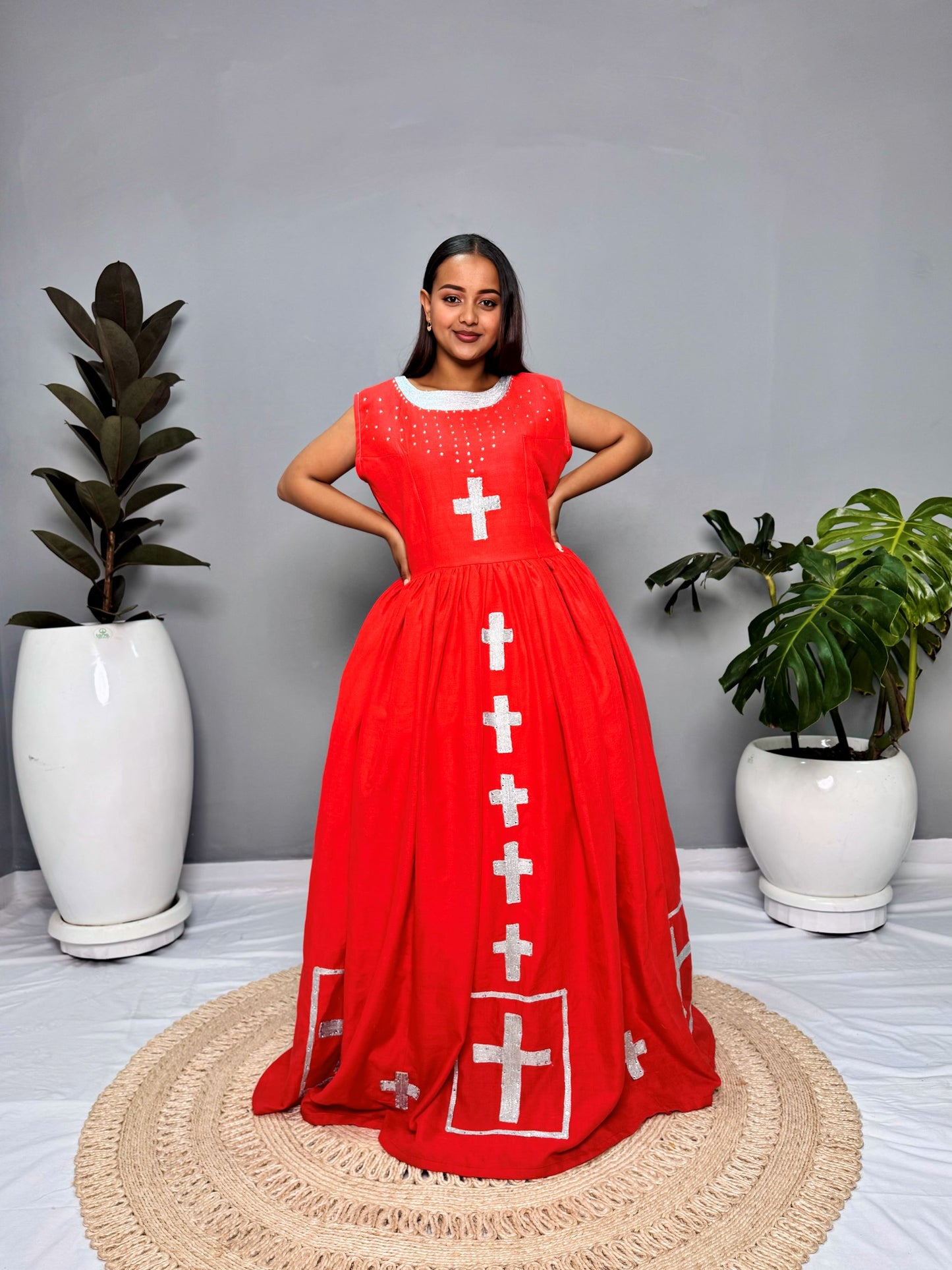 Habesha Dress | Red with Cross Embroidery | Perfect for Weddings & Cultural Celebrations | Handcrafted Ethiopian Fabric Hab117
