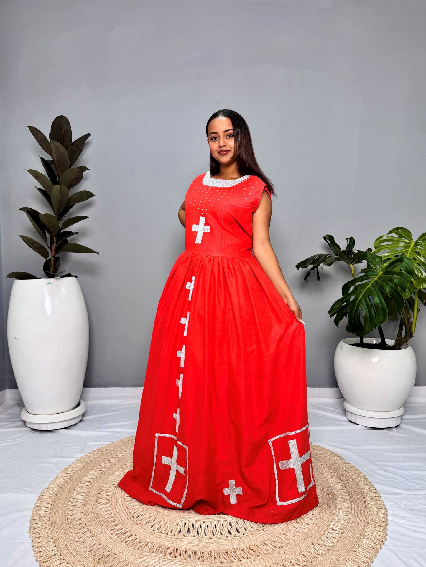 Habesha Dress | Red with Cross Embroidery | Perfect for Weddings & Cultural Celebrations | Handcrafted Ethiopian Fabric Hab117