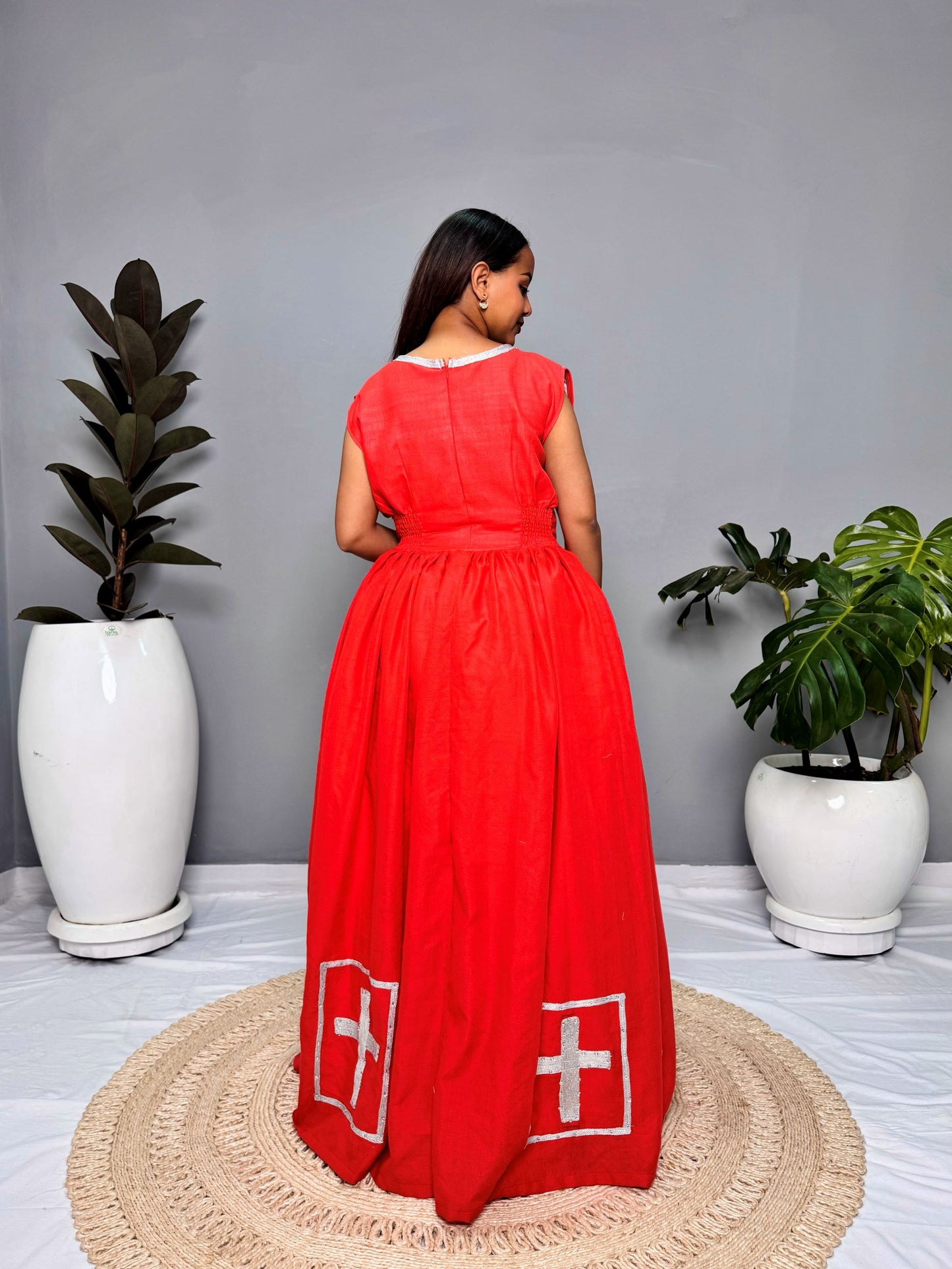 Habesha Dress | Red with Cross Embroidery | Perfect for Weddings & Cultural Celebrations | Handcrafted Ethiopian Fabric Hab117
