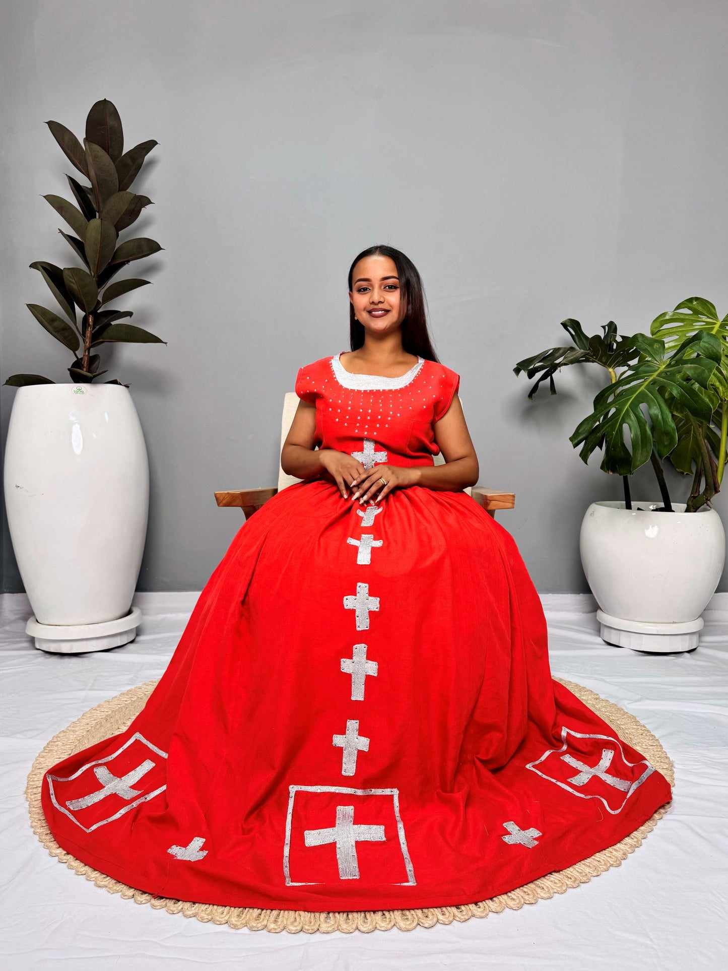 Habesha Dress | Red with Cross Embroidery | Perfect for Weddings & Cultural Celebrations | Handcrafted Ethiopian Fabric Hab117